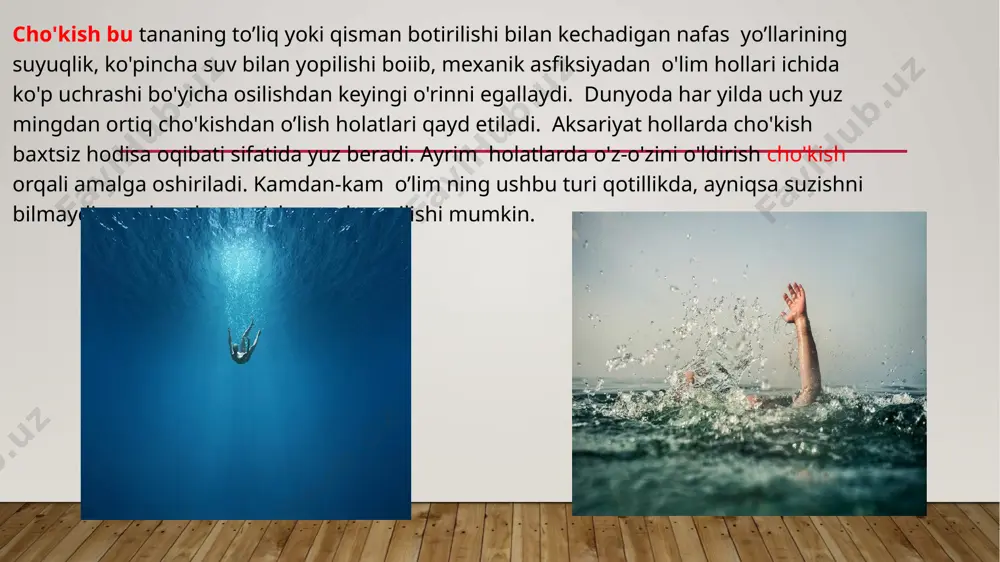 zi hisobiga ko‘pik pushti tusni oladi. ushbu ko‘pik quriganda, og'iz, burun atrofida shakli ari iniga o'xshash dog'lar qoladi nafas yo'llarida suv va u bilan kirgan yot moddalar (suv o'tlari, balchiq, qum va hkz.) aniqlanadi. o'pkalar gipergidriya holatida bo'lib, ular xamirsimon konsistensiyali, hajmi ortgan, plevra bo'shliqlarini to'ldirib turadi, ularda qovirg'alaming bosma izlari aniqlanishi mumkin. o'pkalaming tashqi yuzalari “marmarsimon” - oqish, pushti, qizg'ish sohalar farqlanadi, to'qima kesmalarida qizg'ish qonsimon ko'pikli suyuqlik ajraladi. visseral plevra ostida pushti-qizg'ish chetlari yoyilgan, tarde dog'lariga nisbatan kattaroq qon quyilishlar - rasskazov-lukomskiy-paltauf dog'lari aniqlanadi. ushbu dog'lar inspirator hansirash bosqichida vujudga kelgan tarde dog'larining terminal nafas olish bosqichida suv bilan gemolizi natijasida hosil bo'ladi va shu sababli ular epikard ostida bo'lmaydi. asfiktik cho'kish. bu turdagi cho'kishda o‘ziga xos belgilar kuzatilib, ular asosan suvning nafas yoilariga o‘tmasligi bilan bog'liq. yuzning ko'kimtirligi, subkonyunktival qon quyilishlar yaqqolroq namoyon bo'ladi. og'iz, burun atrofida oz miqdorda oq rangli nisbatan noturg'un ko'pik aniqlanishi mumkin. murda …