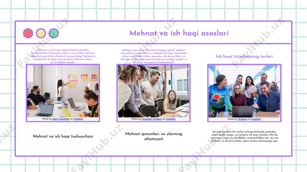 xavfsiz ish sharoitlari va ijtimoiy himoyani ta'minlaydi. bular mehnat munosabatlarida ishchilarning manfaatlarini himoya qilishda muhimdir. ishchilar huquqlari ishchilar huquqlari, ish joyidagi adolat va tenglikni ta'minlash uchun muhimdir. ular ish joyida xavfsizlik, to'liq ish haqi, va boshqa ijtimoiy manfaatlardan foydalanish huquqiga ega. ishchilarni himoya qilish, shuningdek, ularning mehnat sharoitlarini yaxshilashga yordam beradi. ish haqi va ijtimoiy manfaatlar ish haqi, ishchilar uchun asosiy iqtisodiy manfaatdir, bu ularning hayot sifatini belgilaydi. ijtimoiy manfaatlar, jumladan, pensiya, sog'liqni saqlash va ta'til, ishchilarning farovonligini oshirishga xizmat qiladi. bu manfaatlar ishchilarning mehnat faoliyatini rag'batlantiradi va ularni ishga bog'laydi. davlat roli davlat ishchilar huquqlarini himoya qilishda muhim rol o'ynaydi. u qonunlar va me'yorlarni ishlab chiqish orqali ishchilarni himoya qiladi. davlat, shuningdek, ishchilarni ijtimoiy manfaatlar bilan ta'minlash uchun tegishli dasturlarni amalga oshirishi kerak. xulosa ishchilarni himoya qilish va ularning manfaatlarini ta'minlash, ijtimoiy barqarorlikni ta'minlashda zarurdir. ishchilar huquqlarining himoyasi va adolatli ish haqi, jamiyatning rivojlanishiga xizmat qiladi. mehnat hisobi tizimlari: …
