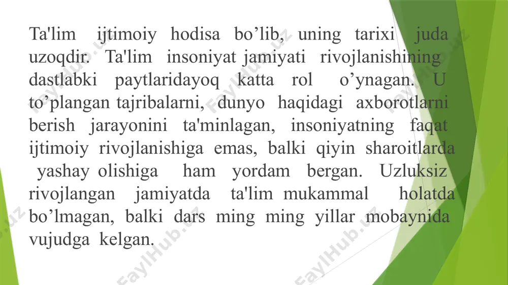i. ya’ni, bu jarayonda o’quvchilar o’qigan va o’zlashtirgan ma’lumotlarini amalda tadbiq etishadi. hozirgi kunda o’quv muassasalarida ushbu uuldan keng foydalanilmoqda. ko’proq talaba va o’quvchilarning o’zlarinini o’qishga va izlanishga undab, uni amalda dars jarayonida namoyon etishini talab qilgan holda yaxshi natijalarga erishilmoqda. chunki shu narsa ma’lumki, inson eshitgan narsasining 5 % ini, o’qiganining 10% ini tajribada sinab ko’rishi orqali ma’lumotning 40% ini, boshqalarni o’qitish orqali esa 90% ma’lumotni eslab qolishi mumkin ekan. shu sababli dars jarayonida o’quvchilarning mavzu yuzasidan tayyorlanib kelib, shu mavzu bo’yicha o’z sinfdosh va guruhdoshlariga dars o’tib, prezentatsiya qilib bersa, o’z bilimini ham mustahkamlab oladi. o’zbekiston respublikasida ta’lim quyidagi turlarda amalga oshiriladi. ta’lim turlari 1. maktabgacha ta’lim 2. umumiy o’rta ta’lim 3. o’rta-maxsus kasb hunar ta’lim 4. oliy ta’lim 5. oliy o’quv yurtidan keyingi ta’lim 6. kadrlar malakasini oshirish va ularni qayta tayyorlash 7. maktabdan tashqari ta’lim sеminar va amaliy-tajriba ishlar shaklidagi mashg'ulotlar. sеminar mashg'ulotlari o'quvchilarning mavzudagi muhim …
