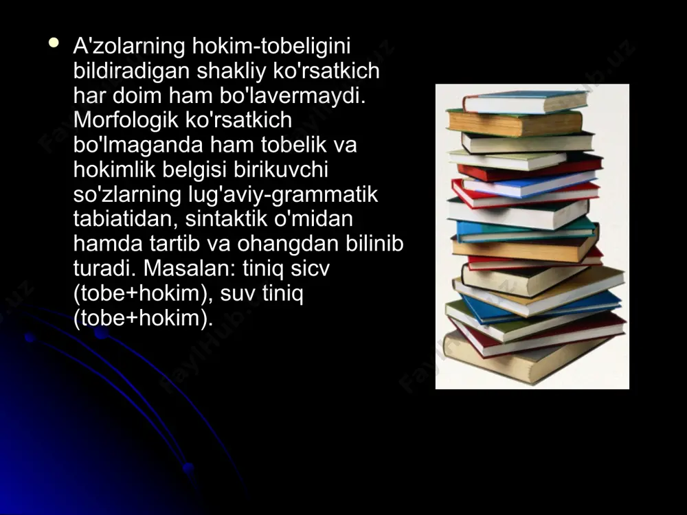 onuniyati ochiladi. sbda bog'lanish a'zolardan birining faolligi asosida emas, balki har ikki a'zoning ham bir-biriga, avvalo, ma'noviy, qolaversa, shakliy, joylashuv jihatdan moslashishi asosida yuz beradi. chunki tobelanayotgan leksemaning birikish imkoniyati voqelanishga, hokim a'zoning biriktirish talabi esa qondirilishga intiladi. sbdagi a'zolarning goh bittasining (maktabga bormoq), goh ikkinchisining ham (maktabning bog'i) grammatik shakllanishi asosida sintaktik aloqaning ikki xil - bir tomonlama aloqa, ikki tomonlama aloqa turini farqlash ma'qui emas. unda bitishuvli (keng dala) birikmalarni hech qanday aloqasiz birikma deyishga to'g'ri kelgan bo'lar edi. yuqoridagi aloqaning ikki ko'rinishi bog'lovchi vositaga qarab belgilangan, xolos. so'z birikmasida aloqa har doim ham ikki tomonlamadir. sb a'zolarining ikki yoqlama birikish imkoniyati (tobe a'zo) va biriktirish talabi (hokim a'zo) aloqadorligi bevosita a'zolarning birikish-b iriktirish qobiliyatiga asoslanadi. sb a'zolari orasidagi bog'lanish har bir so'zda yaxlit holda mavjud bo'lgan ma'noviy (m), shakliy (sh), joylashuv (j) omillarining o'zaro muvofiqligiga tayanadi. masalan, kitobni o'qimoq birikmasidagi kitobni so'zshaklida hokim so'zga birikishini ta'minlaydigan m, …