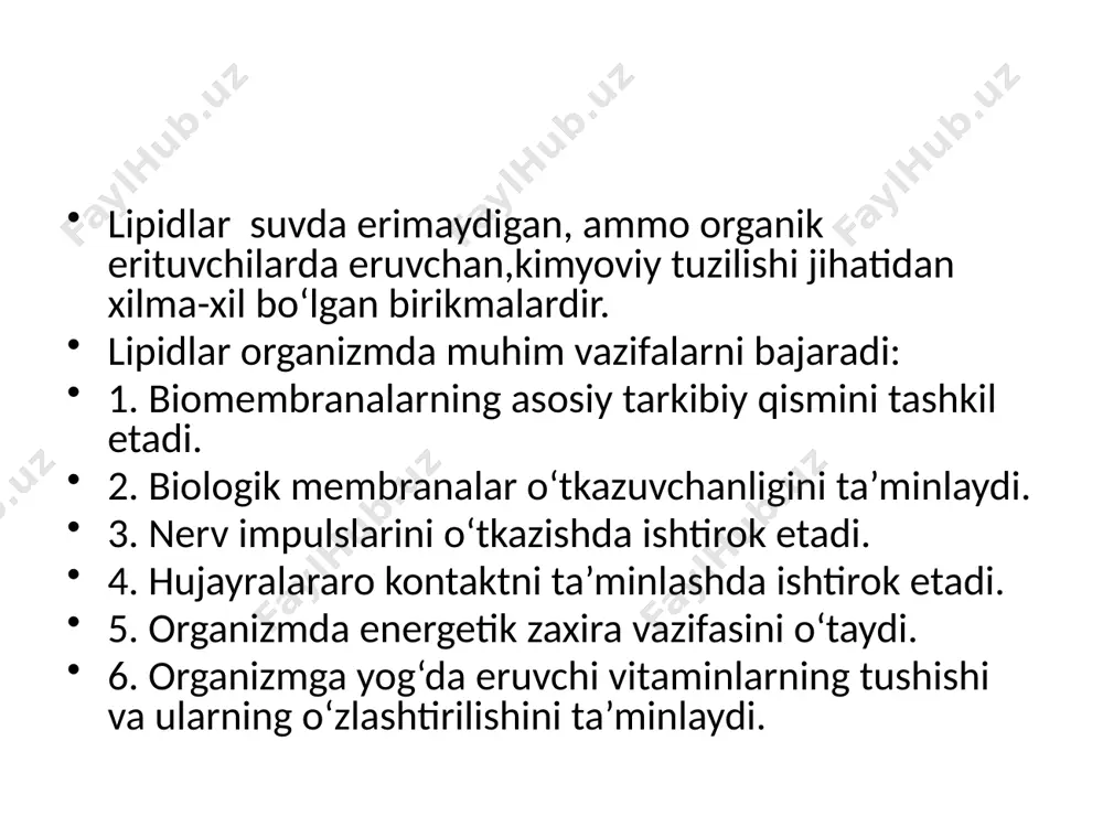ашган бўлиб, иккита sн-гуруҳини тутади: марказий - 4-фосфопантотенатдан ҳосил бўлган ва малонил-коа ни бириктириш хусусиятига эга периферик – цистеиннинг қолдиғидан ҳосил бўлган ва ацетил-коа ни бириктириш хусусиятига эга пальмитатсинтетаза фермент комплексига ато ва 6 фермент киради. 1. ацетилтрансацилаза 2. малонилтрансацилаза 3. бета-кетоацилсинтетаза 4. бета-кетоацилредуктаза 5. гидроксиацилгидратаза 6. еноилредуктаза ёғ кислоталар биосинтези 3 босқичда содир бўлади: 1.митохондриядан цитозолга ацетил-коанинг ўтказилиши. 2.ацетил-коанинг карбоксилланиб малонил-коага айланиши 3.ацетил-ато ва малонил-атонинг ҳосил бўлиши, конденсацияланиши, қайтарилиши ҳамда пальмитин кислотанинг ҳосил бўлиши. ёғ кислоталар биосинтези ёғ кислоталар синтезининг бошқарилиши ацетил-коа-карбоксилаза ферменти бошқарилувчи ферментдир. атф нинг юқори концентрацияси ицдгни ингибирлайди, бу эса цитратни тўпланишига олиб келади. цитрат ёғ кислоталар синтезининг активатори, пальмитин-коа – ингибитори ҳисобланади. надф.н нинг юқори концентрацияси ёғ кислоталар синтезини фаоллаштиради, глюкозани пфц да оксидланишини ингибирлайди. yog‘larning to‘planishi (semizlik) alimentar faktor: gipotalamus shikastlanganda: irsiy semizlik; 4. me’yoridan ko‘p uglevodlar iste’mol qilish. 5. qalqonsimon bezning gipofunksiyasi: yog‘lar sarflanishining kuchayishi yoki kaxeksiya a) alimentar omil: b) saraton kasalligi …