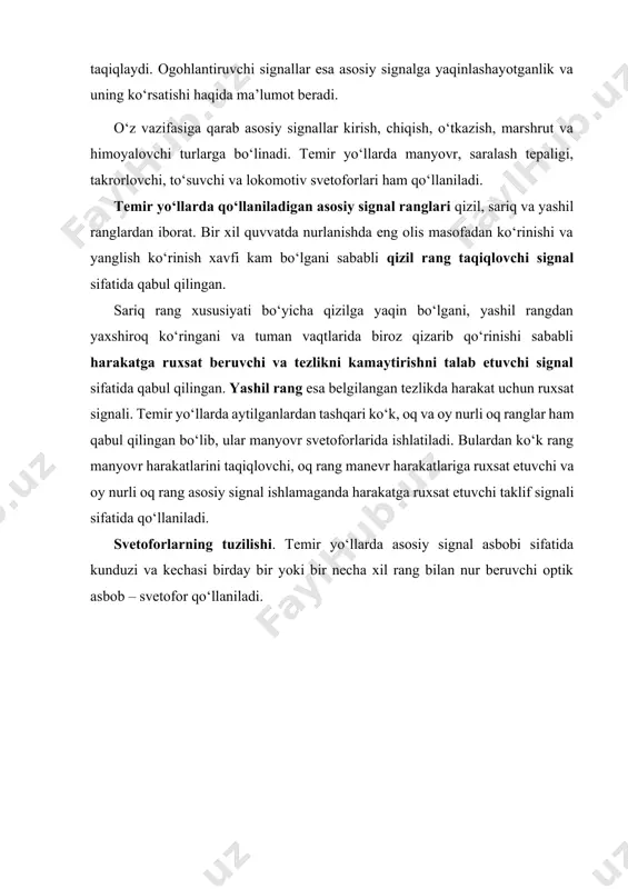 ikda harakat uchun ruxsat signali. temir yo‘llarda aytilganlardan tashqari ko‘k, oq va oy nurli oq ranglar ham qabul qilingan bo‘lib, ular manyovr svetoforlarida ishlatiladi. bulardan ko‘k rang manyovr harakatlarini taqiqlovchi, oq rang manevr harakatlariga ruxsat etuvchi va oy nurli oq rang asosiy signal ishlamaganda harakatga ruxsat etuvchi taklif signali sifatida qo‘llaniladi. svetoforlarning tuzilishi. temir yo‘llarda asosiy signal asbobi sifatida kunduzi va kechasi birday bir yoki bir necha xil rang bilan nur beruvchi optik asbob – svetofor qo‘llaniladi. 11.2-rasm. linzali svetoforlar svetoforlar ikki xil: linzali va projektorli turlarga bo‘linadi. linzali svetoforlar linza komplektlari bo‘lgan kallak bilan tayanchlarga machtali, konsolli va ko‘prikli turlarda o‘rnatilishi mumkin. 11.2-rasmda linzali svetoforning umumiy ko‘rinishi berilgan. pastak (karlik) svetoforlar esa to‘g‘ridan-to‘g‘ri svetoforning tayanch asosiga o‘rnatilib (11.3-rasm) stansiyalarda asosan manyovr harakatlari uchun va shu qatorda poyezd signallari uchun ham qo‘llaniladi. 11.3-rasm. pastak (karlik) svetoforning ko‘rinishi linzali svetoforlar har bir rang uchun alohida linza komplektiga ega bo‘lib, tuzilishi oddiy, …