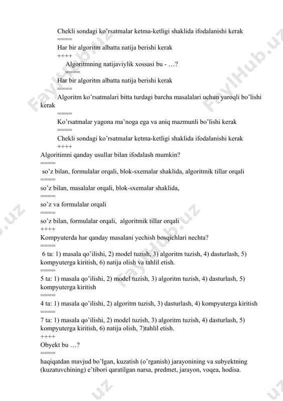 ijaviy, diskret ++++ bir turdagi obyektlarni bir biri bilan nima orqali farqalanadi? ==== tavsiv (xususiyat) qiymati bilan ==== tasvir (ko’rinishi) bilan ==== tavsiv (holat) qiymati bilan ==== tavsiv (umumiy) qiymati bilan ++++ inson – ayol – bo’yi – uzun , bu erda obyekt umumiy nomini ko’rsating? ==== inson ==== ayol ==== bo’yi ==== uzun ++++ inson – ayol – bo’yi – uzun , bu erda obyekt xususiy nomini ko’rsating? ==== ayol ==== inson ==== bo’yi ==== uzun ++++ inson – ayol – bo’yi – uzun , bu erda obyekt tavsifini (xususiyatini) ko’rsating? ==== bo’yi ==== ayol ==== inson ==== uzun ++++ inson – ayol – bo’yi – uzun , bu erda obyekt xususiyat qiymatini ko’rsating? ==== uzun ==== bo’yi ==== ayol ==== inson ++++ model bu … ? ==== izlanish jarayonining talablariga javob beruvchi, biror haqiqiy obyekt yoki obyektlar tizimining obrazi yoki nusxasi. ==== izlanish jarayonining talablariga javob beruvchi, biror …