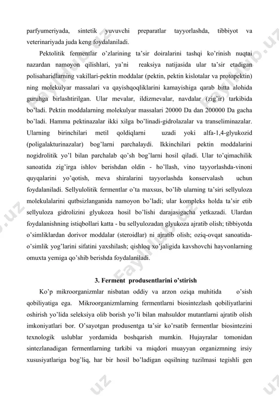 igida kavshovchi hayvonlarning omuxta yemiga qo’shib berishda foydalaniladi. 3. ferment produsentlarini o’stirish ko’p mikroorganizmlar nisbatan oddiy va arzon oziqa muhitida o’sish qobiliyatiga ega. mikroorganizmlarning fermentlarni biosintezlash qobiliyatlarini oshirish yo’lida seleksiya olib borish yo’li bilan mahsuldor mutantlarni ajratib olish imkoniyatlari bor. o’sayotgan produsentga ta’sir ko’rsatib fermentlar biosintezini texnologik uslublar yordamida boshqarish mumkin. hujayralar tomonidan sintezlanadigan fermentlarning tarkibi va miqdori muayyan organizmning irsiy xususiyatlariga bog’liq, har bir hosil bo’ladigan oqsilning tuzilmasi tegishli gen tomonidan belgilangan bo’ladi. shu bilan birga gen irsiyat birligi sifatida tashqi muhit ta’sirida, shuningdek sun’iy tavsifli yo’naltirilgan mutatsiyalarni keltirib chiqarish yo’li bilan bo’linishi va parchalanishi orqali o’zgarishlarga duch kelishi mumkin. sanoat miqyosida ahamiyatli bo’lgan mutantlarni ajratib olishda bu ishni ionlangan va ionlanmagan nurlanishlar, izotoplar, aktinofaglar, antibiotiklar, hujayraning irsiy elementlarini kuchli ravishda o’zgartiruvchi kimyoviy moddalar kabi mutagen omillardan foydalangan holda seleksiya yo’li bilan amalga oshiriladi. mikrob tomonidan fermentlarni biosintezini amalga oshirilishida genetik omil va muhitda karbon,azot, fosfor va boshqa elementlarning …