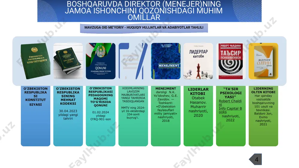 o‘ynaydi. mavzu yuzasidan xorijiy tajribalarni o‘rganilganligi 7 6 t/r amaldagi holat (o‘zbekistonda) amaldagi holat (xorijda) takliflar 1. umumiy o‘rta ta’lim maktablarida direktorlar jamoaviy ishni yaxshilash uchun ijtimoiy tadbirlar o‘tkazishadi, ammo bu tadbirlar ko‘proq professional rivojlanishga qaratilgan va ijtimoiy tadbirlar mavjud. aqshda direktorlar jamoaviy ishni yaxshilash uchun sport musobaqalari, ko‘ngilochar tadbirlar va o‘qituvchilar o‘rtasida jamoaviy ravishda rivojlanishga qaratilgan dasturlarni amalga oshiradilar. o‘zbekistonda jamoaviy ishni yaxshilash uchun ko‘proq ijtimoiy tadbirlar va jamoaviy faoliyatlarni tashkil etish zarur. (masalan kasaba uyushmasi tomonidan tashkil etiladigan sport musaboqalariga o‘xshash) 2. maktablarda o‘qituvchilarni baholashda adolatli yondashuv hali ham rivojlanayotgan soha hisoblanadi va bu borada mukofotlash va ishni baholash to’g’ri yo’lga qo’yilgan. yaponiyada o‘qituvchilarni baholash va mukofotlash tizimi aniq va qat’iy, lekin ijtimoiy va madaniy omillar ham inobatga olinadi. o‘zbekistonda xodimlarni baholash va mukofotlash tizimini yanada shaffof qilish va adolatli yondashuvni kuchaytirish zarur. bu borada har bir xodim ish samaradorligini baholashda inson omilisiz kpi baholash tizimini tashkil etish …