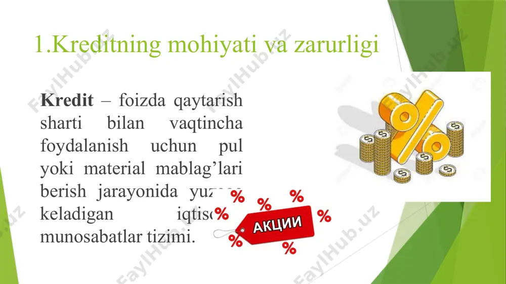 a tamoyillarga ega. bular: 1) kreditning qaytib berilishliligi 3) kreditning ta’minlanganliligi 5) kreditning to’lovliligi 6) kreditning samaradorligi 4) kreditning maqsadliligi 2) kreditning muddatliligi 3. kredit tizimi haqida tushuncha va uning tarkibiy qismi kredit tizimi deb kredit munosabatlar majmuasi va kredit munosabatlarni tashkil qiluvchi va amalga oshiruvchi kredit institutlar yig’indisiga aytiladi. kredit tizimi orqali huquqiy va jismoniy shaxslarning vaqtincha bo’sh mablag’lari yig’iladi va korxona, tashkilotlarga, aholiga, davlatga vaqtincha foydalanishga beriladi. kredit tizimi bir necha bo’g’inlardan iborat bo’lishi mumkin. mablag’larni jalb qilishi va taqsimlanishga qarab kredit tizimi bo’g’inlari o’z xususiyatlariga ega bo’ladi. jahon amaliyotida kredit tizimi o’zining tashkil qilinish turiga qarab qo’yidagi guruhlarga bo’linadi: -markaziy bank; -maxsus kredit institutlar. -tijorat banklar; bank institutlariga quyidagi banklar kiradi: -tijorat banklar; -savdo banklari; -investitsiya banklari; -ipoteka banki; -jamg’armalar jalb qiluvchi banklar (o’zbekiston xalq banki); kredit tizimining tarkibiy qismlari kredit tizimida asosiy o’rinni bank institutlari, bank institutlari tarkibida esa salmoqli o’rinni tijorat banklari egallaydi. tijorat banklari …
