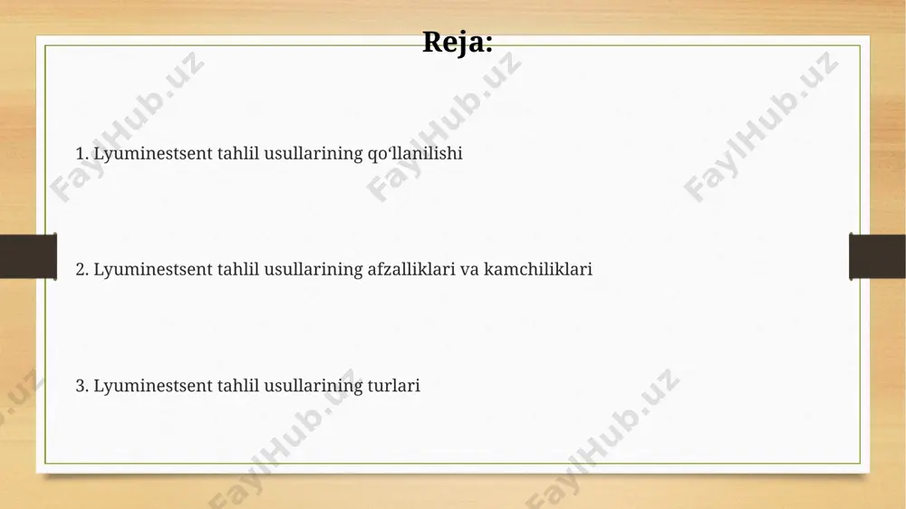inestsiya (kimyoviy reaksiyalar natijasida) mavjud bo'lib, ularning har biri o'ziga xos spektral xususiyatlarga ega. lyuminestsent mikroskopiya lyuminestsent mikroskopiyada qo'llaniladigan turli xil filtrlar (ko'k, yashil, qizil va boshqalar) fluorestsent bo'yoqlarning emissiya spektrlarini aniq ajratish va tasvir sifatini yaxshilash imkonini beradi. ushbu usul yordamida 10 -18 mol/l gacha bo'lgan konsentratsiyada biomolekulalarni aniqlash mumkin, bu esa yuqori sezgirlikni ta'minlaydi va diagnostika maqsadlarida juda muhimdir. lyuminestsent mikroskopiya, fluorestsensiya va fosforestsensiya kabi lyuminestsent hodisalarni 10-1000 nm oralig'idagi yorug'lik to'lqin uzunliklarida kuzatishga imkon beradi va hujayra tuzilmalarini yuqori aniqlikda tasvirlashga yordam beradi. lyuminestsent tahlil usullarining asosiy turlari bioluminestsentsiya, tirik organizmlarning nur chiqarish hodisasi, biokimyoviy reaktsiyalarni kuzatish va tibbiyotda diagnostika maqsadida ishlatiladigan muhim lyuminestsent tahlil usullaridan biridir. lyuminestsent tahlilning yana bir muhim usuli – fosforesents, qo'zg'alish to'xtatilgandan keyin 10 -8 sekunddan ko'proq vaqt davom etadigan nurlanishni o'z ichiga oladi va turli xil materiallarni aniqlashda qo'llaniladi. lyuminestsent tahlilning asosiy usullaridan biri – floresents, moddaning nurlanishini qo'zg'atuvchi nur o'chganidan …