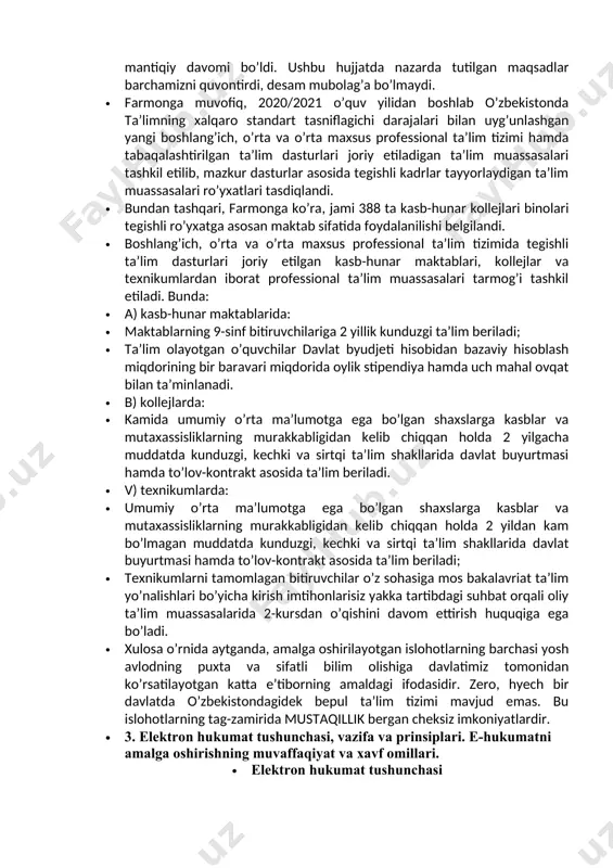 yil 24 oktyabrdagi “umumiy o’rta ta’lim muassasalarining 10-11-sinflari o’quvchilariga kasbiy ta’lim berishga ixtisoslashgan o’quv-ishlab chiqarish majmualarini tashkil etish chora-tadbirlari to’g’risida”gi qarori 10-11-sinf o’quvchilarining ta’lim olishi bilan birga, ularga kasb-hunar o’rgatish, yoshlarning qiziqish va qobiliyatini nazarda tutgan holda kelajakda ularni ta’limni davom ettirishi yoki egallagan kasbi bo’yicha mehnat faoliyati bilan shug’ullanishi uchun sharoit yaratish maqsadida qabul qilindi. kasb-hunar kollejlarida o’quv-ishlab chiqarish majmualari tashkil etildi. kasblar ro’yxatini tayyorlashda hududlarning sharoiti hamda ijtimoiy-iqtisodiy rivojlantirish dasturlari inobatga olinib, mutasaddilar va ish beruvchi tashkilotlar mutaxassislari bilan birgalikda, real vaziyatni xolis baholagan holda ish olib borildi. ya’ni 11-sinf o’quvchisi maktabni tamomlagandan keyin egallagan hunari bo’yicha o’z ishini topa olishiga jiddiy e’tibor qaratildi. · oilada va kundalik turmushda hamisha zarur bo’lgan kichik tibbiy hamshira, oilaviy kichik hamshira, tarbiyachi yordamchisi, ijtimoiy soha kichik mutaxassisi, dasturchi, tarmoq boshqaruvchisi, veb-sayt dizayneri, kompyuter grafikasi mutaxassisi va shu kabi boshqa kasblarning o’rgatilishi jamiyatga, ham davlatga bir xil naf keltiradi. e’tiborlisi, joylarda tashkil …