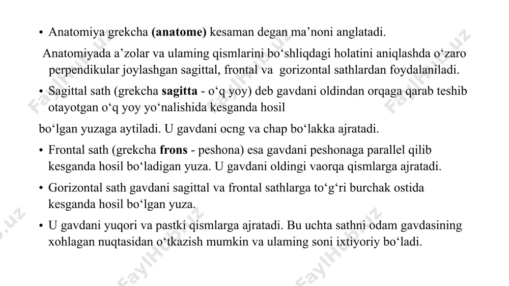 jag‘ va g‘alvirsimon suyaklari kiradi. tana skeleti umurtqa pog‘onasi (columna vertebralis) va ko‘krak qafasi (cavea thoracis) dan iborat. umurtqa pog‘onasi 33 - 34 ta (7 ta bo‘yin, 12 ta ko‘krak, 5 ta bel, 5 ta dumg‘aza va 3 - 5 ta dum) umurtqalardan hosil bo‘lgan.umurtqa pog‘onasining o‘rtacha uzunligi erkaklarda 73 -75 sm, ayollarda esa 6 9 - 7 1 sm bo‘ladi. umurtqa (vertebra) umurtqa tanasi (corpus vertebrae) va umurtqa ravog‘idan (arcus vertebrae) iborat. umurtqa tanasining oldingi yuzasi qavariq, umurtqa ravog‘iga qaragan orqa yuzasi esa bukilgan bo‘lib, unda qon tomirlar o‘tadigan oziqlantirush teshigi (foramen nutricium) bor. umurtqa ravog‘i tananing orqasida joylashib, tana bilan ikkita umurtqa ravog‘ining oyoqchasi (pedunculus arcus vertebrae) vositasida birikib, umurtqa teshigini (foramen vertebrale) hosil qiladi. barcha umurtqa teshiklarining o‘zaro qo‘shilishidan hosil bolgan umurtqa kanali (canalis vertebralis) yuqorida kalla suyagi bo‘shlig‘i bilan qo‘shiladi. umurtqa kanalining ichida orqa miya va uning pardalari yotadi. umurtqa ravog‘ida mushaklar birikadigan o‘siqchalar bor. frontal …