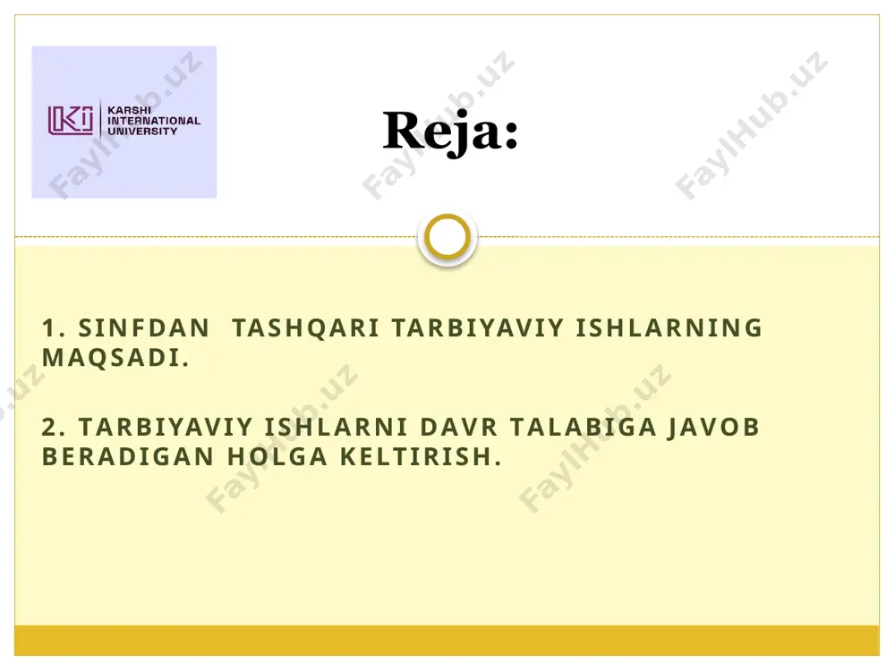 h va takomillashtirish zarur bo‘ladi. fanining predmeti bo‘lajak o‘qituvchi — tarbiyachilarga kelajak avlodni ma’naviy yuksak fazilatlar egasi qilib tarbiyalash san’atining qirralari, shakl va yo‘llari hamda bilim, ko‘nikma va malaka hosil qilish haqida bahs yuritadi. fanining o‘rganish obyekti ta’lim muassasalaridagi uzluksiz ta’lim – tarbiya jarayoni tashkil etadi. boshlang‘ich sinflarda sinfdan tashqari tarbiyaviy ishlarni tashkil qilish metodikasi ijtimoiy faollikni shakllantirishga xizmat qiladi. sinfdаn tаshqаri fаоliyatgа quyidаgilаr kirаdi: оg‘zаki ish usullаri: mаjlislаr, yig‘inlаr, mа’ruzаlаr, kutubхоnаlаr, kоnfеrеnsiyalаr, munоzаrаlаr, uchrаshuvlаr, gаzеtаlаr, rаdiо vа jurnаllаr. аmаliy ish оlib bоrish usullаri: turli jоylаrgа sаyohаtlаrgа, spоrt musоbаqаlаri, tаbiаtshunоslаr to‘gаrаklаri, shаnbаliklаr, yangi kitоblаr ko‘rgаzmаlаri. to‘garak turlari: fan mohir qo‘llar duradgorlik sport ekosan tadbirlar boshlang‘ich sinflarda sinfdan tashqari tarbiyaviy ishlar jarayonida tarbiya uch narsaga ehtiyoj sezadi: iste’dodga, ilmga va mashqqa degan edi, ulug‘ olim arastu. shunga asosan tarbiya ishi bilan shug‘ullanuvchilar quyidagilarga amal qilishlari lozimdir: - tarbiyaviy ishlar jarayonida va tarbiyada ulg‘ayotgan inson shaxsini oliy ijtimoiy qadriyat deb bilish, har …