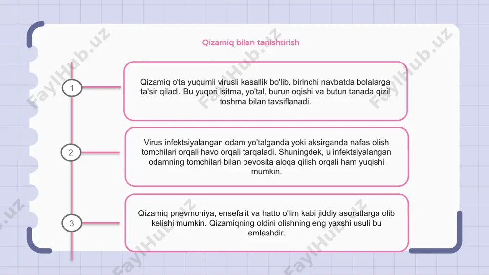 izamiqga qarshi emlash qizamiq infektsiyasining oldini olishda xavfsiz va samarali hisoblanadi. emlash, shuningdek, qizamiqning jamiyatdagi boshqalarga tarqalishining oldini olishga yordam beradi. qizamiqni yo'q qilish bo'yicha global harakatlar qizamiq - o'ta yuqumli virusli kasallik bo'lib, butun dunyo bo'ylab yosh bolalar o'limining asosiy sabablaridan biri bo'lib qolmoqda. qizamiqni bartaraf etish bo'yicha global sa'y-harakatlar yuqori emlash qamroviga erishish, kuzatuv va monitoringni yaxshilash hamda epidemiyaga qarshi samarali choralar ko'rishga qaratilgan. qizamiqga qarshi emlash butun dunyo bo‘ylab qizamiq bilan bog‘liq o‘lim holatlarini 73 foizga, 2000-yildagi taxminiy 536,000 dan 2018-yilda 142,000 gacha kamaytirishda muvaffaqiyatli bo‘ldi. 1 2 3 qizamiq epidemiyasi va sog'liqni saqlash choralari qizamiq epidemiyasi butun dunyo bo'ylab sog'liqni saqlash idoralari uchun jiddiy tashvish bo'ldi. ushbu epidemiyalarga javoban turli xil sog'liqni saqlash choralari amalga oshirildi. ushbu chora-tadbirlar emlash kampaniyalarini boshlash va kuchaytirish, o'quv materiallari bilan ta'minlash va kontaktlarni qidirishni o'z ichiga oladi. qizamiq va podaning immuniteti qizamiq - nafas olish tizimiga ta'sir qiluvchi o'ta yuqumli …