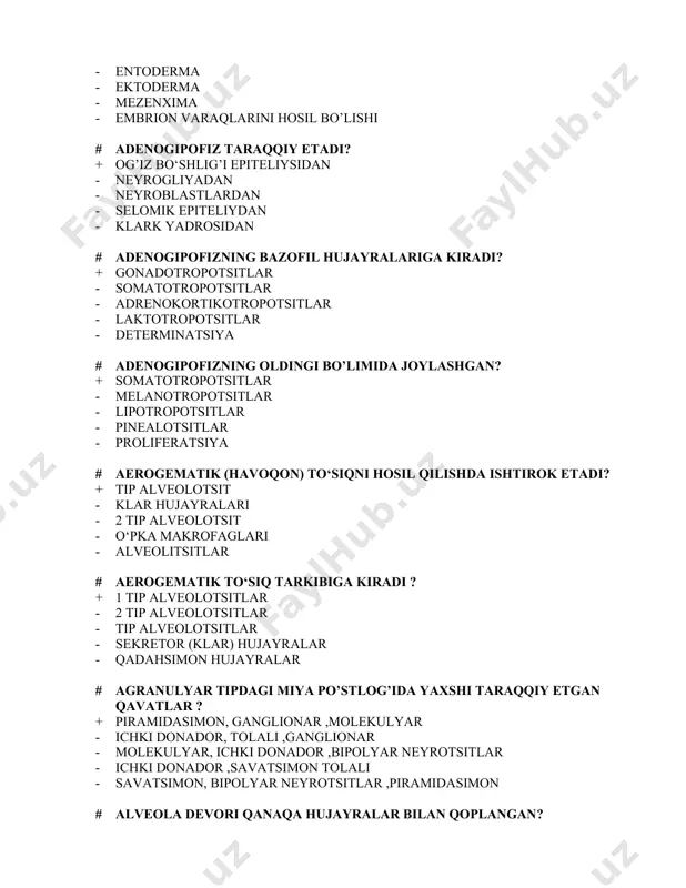 ik (havoqon) to‘siqni hosil qilishda ishtirok etadi? + tip alveolotsit - klar hujayralari - 2 tip alveolotsit - o‘pka makrofaglari - alveolitsitlar # aerogematik to‘siq tarkibiga kiradi ? + 1 tip alveolotsitlar - 2 tip alveolotsitlar - tip alveolotsitlar - sekretor (klar) hujayralar - qadahsimon hujayralar # agranulyar tipdagi miya po’stlog’ida yaxshi taraqqiy etgan qavatlar ? + piramidasimon, ganglionar ,molеkulyar - ichki donador, tolali ,ganglionar - molеkulyar, ichki donador ,bipolyar nеyrotsitlar - ichki donador ,savatsimon tolali - savatsimon, bipolyar nеyrotsitlar ,piramidasimon # alveola devori qanaqa hujayralar bilan qoplangan? + 1 - tip alveolyar respirator, 2 - tip alveolyar epiteliy, 3 - tip alveolyar epiteliy, makrofag a hujayra - 1 - tip alveolyar respirator 2 - tip alveolyar epiteliy hujayralari - 1 - tip neyroepiteliy 2 - tip alveolyar epiteliy - to’g’ri javob yo’q - 1 - tip alveolyar respirator 2 - tip alveolyar epiteliy hujayralari kam uchraydigan neyroepiteliy. # alveolalar …