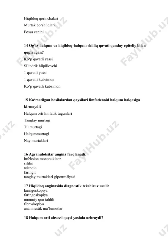 atrofiyasi 41 surunkali adenoid huruj davrini quyidagi kasalliklar bilan tashxisda yanglishish mumkin: o‘tkir respirator infeksiya surunkali tonzillit huruj davri surunkali gastrit huruj davri a va b b va c 42 paratonzillyar absess uchun tegishli emas: inspirator bo‘g‘ilish tomoqdagi og‘riq og‘iz ochishga qiynalish yumshoq tanglay shishi yumshoq tanglayni siljishi 43 adenoidlarni davolashda eng effektiv usul: xirurgik lazeroterapiya fizioterapiya konservativ yarim xirurgik 44 adenoidlar difdiagnostika qilinadi. quyidagidan tashqari: to‘g‘ri javob yo‘q kalla suyagi asosi o‘smirlar fibromasi xoanal polip xavfsiz o‘smalar xavfli o‘smalar 45 surunkali tonzillit uchun xarakterli, quyidagilardan tashqari: rinit murtak va ravoqlar bitishmasi murtaklar giperemiyasi jag‘osti limfa tugunlari kattalashishi lakunalardagi kazeoz massalar 46 halqum orti absessi uchun tegishli emas: etiologiyasida stomatit bolalarda ko‘proq uchraydi yutish va nafas olish qiyinligi halqum orti devorida flyuktuatsiya to‘g‘i javob yo‘q 47 paratonzillyar absess uchun tegishli emas: inspirator bo‘g‘ilish tomoqdagi og‘riq og‘iz ochishga qiynalish yumshoq tanglay shishi yumshoq tanglayni siljishi 48 surunkali tonzillitning jamoat profilaktikasida natijali …