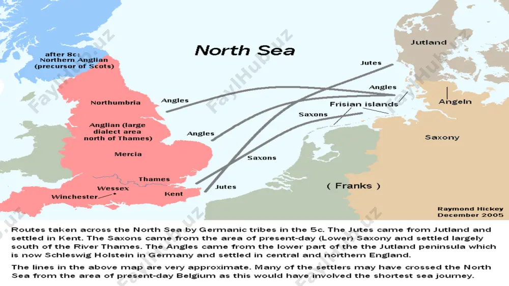 island its irish name oileán cholm cille ‘island of colmcille’. st. augustine canterbury cathedral distribution of the germanic tribes the germanic tribes in england show a characteristic distribution almost from the very beginning. the jutes, according to legend led by the brothers hengest and horsa (both words mean ‘horse’), settled in kent (the name is celtic) probably having made their way via the coast of present-day belgium. the saxons settled in the remaining area south of the thames and on the isle of wight. they were to remain there and found a kingdom which obtained practical sovereignty over england in the late old english period and which was known then as west saxony from which the name wessex is derived (the same holds for sussex and essex). north of the thames the angles settled. this large area can be further subdivided. north of the humber was a region which represented …
