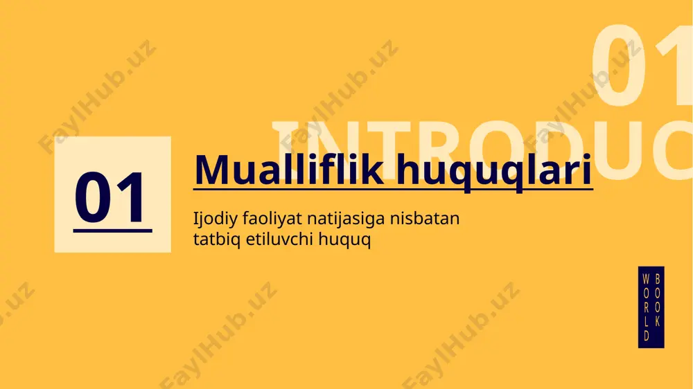 eshittirish beruvchi tashkilotning ko‘rsatuvlari yoki eshittirishlari use a columns six muhofaza belgilar yil asarning birinchi marta e’lon qilingan yili yil fonogramma birinchi chop etilgan yil nom alohida mualliflik huquqlari egasining ismi nom mutlaq turdosh huquqlar egasining ismi “c” aylana ichiga olingan lotincha ”c” harfi “p” aylana ichiga olingan lotincha ”p” harfi copr you could three use columns turdosh huquq subyektlarining huquqlari ijrochining huquqi - ismiga bo’lgan huquq tajovuzdan himoya qilish huquqi mutlaq huquq fonogramma tayyorlovchining huquqi mutlaq huquq ko’rsatuv yoxud eshittirish beruvchining tashkilotning huquqi mutlaq huquq copr e’tiboringiz uchun rahmat!!! image2.png image3.png image4.jpg image5.jpg image6.jpg image1.png