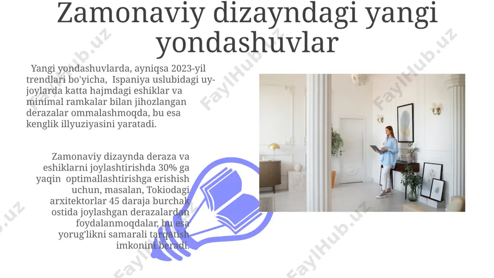 oshiradi. o'rtacha 2,2 metr balandlikdagi derazalarni janubiy tomonga joylashtirish, uyning issiqlik balansi va yorug'lik miqdorini optimallashtirib, uyning estetik ko'rinishini yaxshilaydi. ichki makonning funktsional zonasini hisobga olish katta oshxona (15 kv.m dan ortiq) va yashash xonasini birlashtirgan holda, samarqanddagi loyihalarda, derazalarni tabiiy yorug'likni maksimal darajada oshirish uchun katta oynalar sifatida joylashtirish tavsiya etiladi. ichki makonning 3x4 metrlik zonasida, masalan, toshkentdagi kvartirada, eshikni devorning markaziy qismiga joylashtirish, xonaning simmetriyasini va funktsional foydalanilishini optimallashtiradi. eshik va derazalarni joylashtirishning asosiy tamoyillari derazalarni joylashtirishda, tabiiy yorug'likni maksimal darajada oshirish uchun, janubiy yoki g'arbiy tomonlar afzalroq hisoblanadi. bunday joylashuv energiya tejashga 15-20% yordam beradi. foydalanish qulayligi uchun toshkentdagi ko'pgina zamonaviy uylarda, eshiklar o'rtasidagi masofa kamida 1,2 metr bo'lishi tavsiya etiladi, bu mebelni osongina joylashtirish imkonini beradi. turli xonalardagi eshik va derazalarni joylashtirishning o'ziga xos xususiyatlari 01 02 toshkentdagi 150 m² lik kvartiralarda keng derazalarni janub tomonga, quyosh nuri koʻp tushadigan joylarga joylashtirish, xonani yaxshi yoritish va …