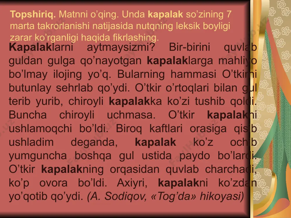 an qochishning eng qulay yo’llaridan biri ayni shu ma’nodoshlik asosida bir xil birliklarni almash tirishdir. tilimizdagi sodda va qo’shma gaplar, murakkablashgan gaplar, ularn ing xilma-xil qoliplari, bu qoliplar asosida yaratilishi mumkin bo’lgan millionlab jumlalar boy nutq tuzish uchun cheksiz imkoniyatdir. bulardan xabardor kishining nutqi tarkib nuqtayi nazaridan faqat bir xil qolipdagi jumlalardan tarkib topmaydi, ya’ni bir xil sintaktik birliklar takroridan iborat bo’lmaydi. nutqning boylik darajasini pasaytiruvchi leksik, semantik, morfologik, sintaktik va intonatsion takrorlarni badiiy nutqda alohida badiiy maqsad bilan atayin qo’llanadigan takrorlardan farqlash lozim. ko’proq badiiy va publitsistik nutqda muayyan tushuncha yoki mazmunni alohida ta’kidlash, ohangdorlik kabi niyatlar bilan bog’lovchi, so’z, so’z birikmasi, gaplar takrorlanadi. 65-mashq. matnlarni o’qing. leksik, sintaktik va intonatsion takrorning matn mazmunini ta’kidlashdagi o’rnini izohlang. takrorning nutq boyligiga ta’sirini baholang. 1. bir mahal tungi osmondagi bulutlar supurilib, ozod-ozod to’lin oy samoda nur sochdi. bir malak bor edi, kelin bo’ldi, bir jayron bor edi, qafasga tushdi, bir qiz …