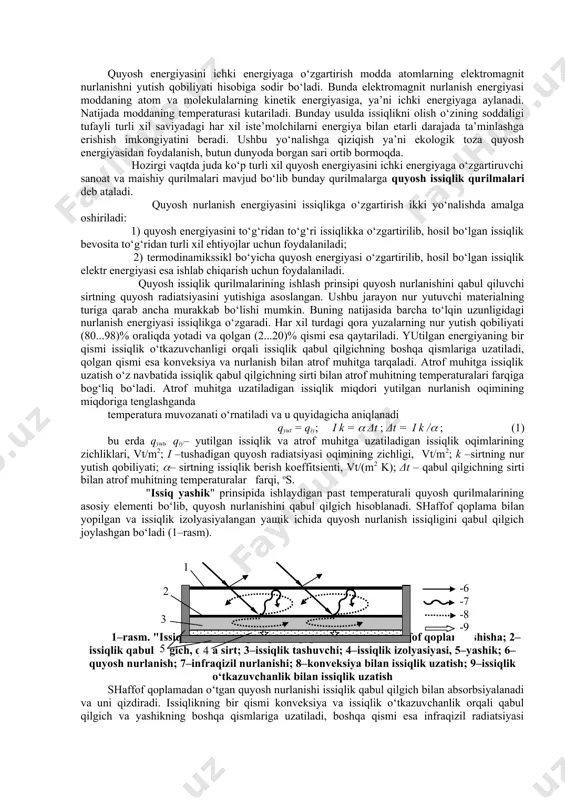 ik jarayonlarni amalga oshirishda foydalanilmokda. respublikamizda ham muqobil energiya manbalaridan bo‘lganquyosh energiyasidan foydalanishning real imkoniyaglari mavjud, chunki janubiy viloyatlarda yil davomida quyoshli kunlar 300 kundan ortiq bo‘lib yil davomida 1m2 yuzaga tushadigan quyosh energiyasining o‘rtacha miqdori 5,46(109 j ni tashkil etadi, bu taxminan 300 kg ko‘mirni yoqqandagi ajralib chikadigan energiyaga teng. bir gektar yuzaga tushadigan quyosh energiyasi esa ikki tonna ko‘mir energiyasiga ekvivalent bo‘ladi. quyosh nurlarining erning 1m2 yuzasiga tushadigan energiyasi taxminan 1 kvt·soatni tashkil qiladi. quyosh energiyasidan samarali foydalanish,mukammal yoqilg‘i -energiya resurslar tejamkor bo‘lgan zamonaviy qurilmalarni yaratish va ishlab chiqarishga joriy etish borasida. mamlakatimiz olimlaridan u.o. oripov, s.a. azimov, e.ya. umarov, r.a. zoxidov, m.s. saidov, r.a. mo‘minov, p.p. avezov, t.r. rixsiev, s.l. lutpullaev, m.n. tursunov, a.a. abduraxmonov, m.s. boxodirxonov, t.a. sadiqov, yu.n. yakubov, b.m. achilov, a.i. ismanjanov, j.n. muxiddinov,a.b. vardiashvili, b.e. xayriddinov, n.h. yuldoshev, m.t. tog‘aev, s.f. ergashev,yo.s. abbosov, a.s. risbaev va boshqalarning xizmatlari buyukdir. o‘zbekistonda quyosh energiyasidan foydalanishni …