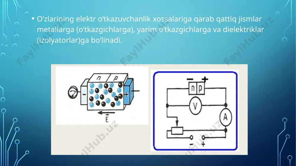 bu nobudlik quyidagi formula bilan aniqlanadi: bu yerda k – material xususiyatiga bog‘liq bo‘lgan koeffitsiyent; f – o‘zgaruvchan tok chastotasi; e – elektr maydonining kuchlanganligi. biror elementga qo‘shilganda erkin elektronlar hosil qiluvchi element, masalan, surma donor deyiladi, donor qo‘shilgan element esa, n – tipli yarim o‘tkazgich deyiladi teskari ulanishda teshik va elektronlar tok manbaining turli qutblari tomon tortilishi sababli, to‘siq juda katta qarshilikka ega bo‘lib, undan o‘tadigan tok juda kichik, to‘g‘ri ulanishda esa, aksincha bo‘ladi. demak, p-n qatlam bir tomonlama o‘tkazish, ya’ni ventil xususiyatiga ega bo‘ladi. shu sababli yarim o‘tkazgichli dioddan o‘zgaruvchan tokni o‘zgarmas tokka aylantirishda keng foydalaniladi. diod, tranzistor, rezistor, induktivlik, kondensator kabi jajji asboblarning maxsus texnologiya asosida plyonkaga bosilib, o‘zaro biriktirilishidan hosil bo‘lgan sxemalar mikrosxemalar deyiladi. bu sxemalarni yaratishda elektron – nur va lazer texnikasidan foydalaniladi. murakkab elektrotexnik va elektron hisoblash mashinalarida bunday jajji asboblar ming-minglab ishlatiladi. shu sabali ularning ixcham va pishiq, ishlatishga qulay bo‘lishi juda katta …