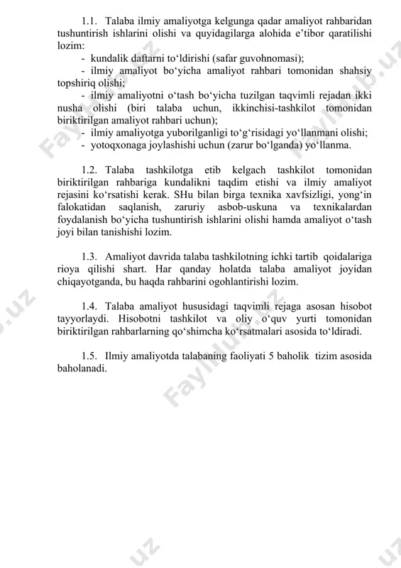 so`rovnomalar o`tkazish. 9. kafedra professor o`qituvchilarining ma`ruza va seminar mashg`ulotlarini tashkil qilish ulardan pedagogik mahorat va pedagogik texnologiyalarni mashg`ulotlar jarayonida qo`llashni o`rganish. 10. magistrlik dissertatsiya ishiga doir psixologik metodikalarni o`smir yoshlar o`rtasida o`tkazish va natijalarni qayta ishlash. 11. tadqiqot natijalarini magistrlik dissertatsiyada ko‘rsatib o‘tish 12. ilmiy amaliyot bo‘yicha hisobot tayyorlash 13. ilmiy amaliyot bo‘yicha hisobot tayyorlash 14. ilmiy amaliyot bo‘yicha hisobot tayyorlash 15. ilmiy amaliyot bo‘yicha hisobot tayyorlash amaliyot rahbarlar: ____________________ ____________ “____”_________2024 y. oliy o‘quv yurtidan: ____________________ ____________ “____”_________2024 y. tashkilotdan: _____________________ ____________ “____”_________2024 y. amaliyot davrida bajarilgan ishlar hafta-lar hafta davomida bajarilgan ishlar tashkilot tomonidan birikti-rilgan rahbar imzosi 1 2 3 hafta-lar hafta davomida bajarilgan ishlar tashkilot tomonidan birikti-rilgan rahbar imzosi 4 5 6 hafta-lar hafta davomida bajarilgan ishlar tashkilot tomonidan birikti-rilgan rahbar imzosi 7 8 9 hafta-lar hafta davomida bajarilgan ishlar tashkilot tomonidan birikti-rilgan rahbar imzosi 10 11 12 hafta-lar hafta davomida bajarilgan ishlar tashkilot tomonidan birikti-rilgan …