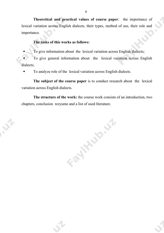 bout the lexical variation across english dialects; · to give general information about the lexical variation across english dialects; · to analyze role of the lexical variation across english dialects. the subject of the course paper is to conduct research about the lexical variation across english dialects. the structure of the work: the course work consists of an introduction, two chapters, conclusion rezyume and a list of used literature. chapter i. literature review and methodology of the lexical variation across english dialects 1.1. literature review of the lexical variation across english dialects in our turn, we would like to pay our attention to three major differences in variation of english: phonological, lexical semantic, and structural grammatical as well as to consider the reasons of its origin. traditionally, british dialectologists divide all variants of english into: english-based group that comprises e-e, welsh e, scottish e, northern ireland e, australian e, new …