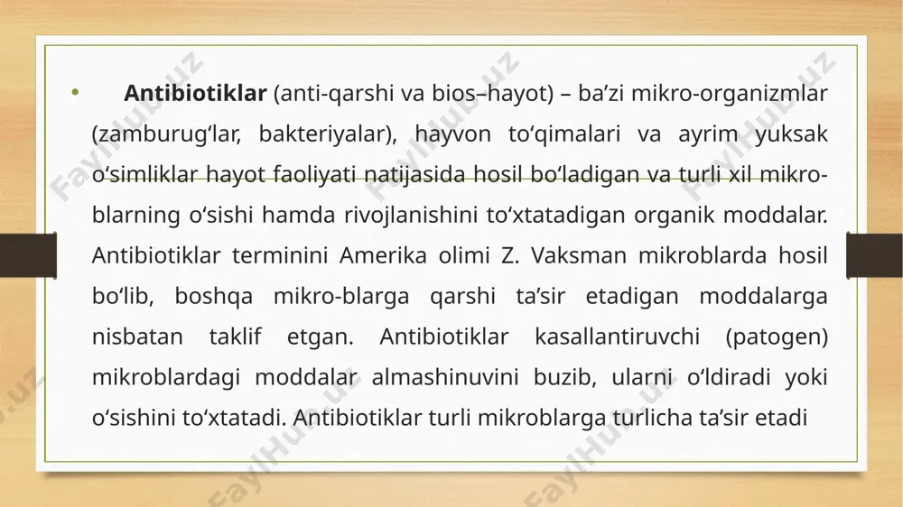 ama, toshmali terlama, vabo, sil kabi turli yukumli kasalliklarni davolash va oddini olish uchun kuchli vositadir. ular ayniqsa nafas yoʻllari, me’da, ichak, siydik yoʻli va jinsiy a’zolar kasalliklarini davolashda yaxshi naf beradi. ba’zi antibiotiklar parranda, choʻchqa va buzoqlar oʻsishini tezlatish, ovqatning oʻzlashtirilishini orttirish maqsadida ularning asosiy ovqatiga qoʻshimcha qilib beriladi. antibiotiklar hujayraga tanlab tormozlovchi ta’sir koʻrsatganidan biokimyoviy jarayonlarning ayrim bosqichlarini, hujayra oʻsishini ta’minlaydigan dnk, rnk, oqsillar va hujayra devori sintezi hamda funksiyasi orasidagi munosabatlarni aniqlashda muhim ahamiyatga ega. ulardan oziq-ovqat sanoatida (konservalash) ham keng foydalaniladi.qishloq xoʻjaligida – oʻsimliklarni zamburugʻli va bakterial kasalliklardan himoya qilish uchun ishlatiladi (qarang mikrobiologik himoya usuli). kasallik qoʻzgʻatuvchilarga ta’sir qilish tarziga qarab antibiotiklar bevosita ta’sir etuvchi antibiotiklar; kasallik qoʻzgʻatuvchilar ajratgan toksinlarni neytrallovchi antibiotiklar; xoʻjayin oʻsimlikka ta’sir etuvchi antibiotiklar; oʻsimlik tanasida yuqori faol moddalarga aylanadigan va oʻsimliklarning kasalliklarga chidamliligini oshiradigan (bilvosita ta’sirga ega) antibiotiklarga boʻlinadi. streptomitsin, terramitsin, digidrostreptomisin, grizeofulvin (grizovin), anizomitsin, omfoterpsin, filitsin va boshqa samarali antibiotiklarga …