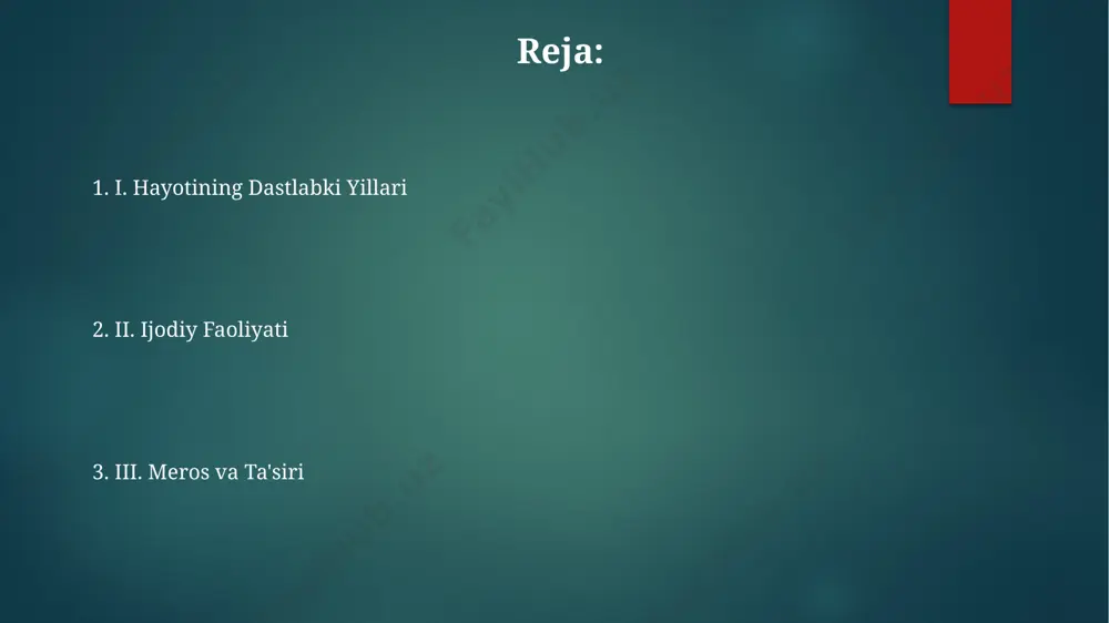 amga yetib borganligi va shu orqali jamoatchilik fikriga sezilarli ta'sir ko'rsatganligi qayd etilgan. uning faoliyati davomida 10 dan ziyod huquq himoyachilari va jurnalistlar bilan hamkorlik qilgani, ular bilan birgalikda 3tadan ortiq hisobotlar tayyorlagani ma'lum. ilyos muslimov va zamonaviy adabiyot ilyos muslimovning 20 dan ortiq hikoya va qissalar to'plami zamonaviy o'zbek adabiyotida o'ziga xos o'rin egallab, realistik uslub va psixologik chuqurlik bilan ajralib turadi. muslimovning ijodida post-modernizm elementlari va zamonaviy adabiyotning eksperimental uslublari sezilarli darajada namoyon bo'lib, yangi avlod yozuvchilariga ta'sir ko'rsatgan. uning asarlarida 90-yillar va 21-asr boshlarining ijtimoiy-siyosiy voqealari, millatlararo munosabatlar kabi dolzarb mavzular aks ettirilgan. adabiy ijodi boshlanishi унинг илк шеърлари маҳаллий газета ва журналларда 1985 йилдан бошлаб чоп этила бошланган бўлиб, бу даврда лирик шеърларга мойиллиги кузатилади. илосий муслимнинг адабий ижоди 1980-йилларнинг бошларида, ўрта мактаб йилларидаёқ шеърлар ёзиш билан бошланган. "adabiy ijodi boshlanishi" даврида илосий муслим 30 дан ортиқ шеър ва 5 тадан ортиқ ҳикоя ёзган, бироқ уларнинг …