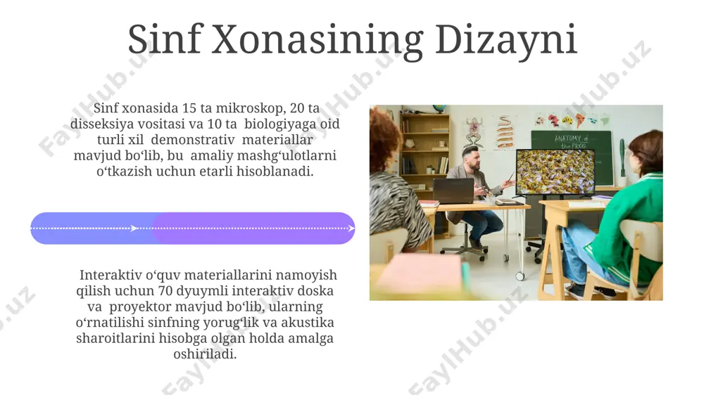 ida kamida 5 turdagi mikroskop, jumladan, 10-20x va 100x kattalashtirish imkoniyatiga ega bo'lgan stereo mikroskoplar mavjud bo'lishi kerak. biologiya darslari uchun interaktiv o'quv materiallari, jumladan, 15-20 ta turli xil biologik preparatlar, shuningdek, interaktiv elektron mikroskoplar yoki virtual laboratoriya dasturlari qo'llanilishi mumkin. dars jarayoni dars jarayonida oʻquvchilarning 70% dan ortigʻi amaliy mashgʻulotlar orqali, masalan, mikroskop ostida hujayra tuzilishini kuzatish orqali biologiyani yaxshiroq oʻzlashtiradi. oʻquv rejasiga muvofiq, 9-sinf biologiyasi kursi 100 soatlik dars vaqtini oʻz ichiga oladi, shu jumladan, nazariy ma'ruza va amaliy mashgʻulotlar. e'tiboringiz uchun rahmat @taqdimot_robot image4.jpg image5.jpg image6.jpg image7.jpg image8.jpg image9.jpg image10.jpg image11.jpg image12.jpg image13.jpg image14.jpg image15.jpg image16.jpg image17.jpg image18.jpg image19.jpg image20.jpg image1.jpeg image2.jpeg image3.jpeg