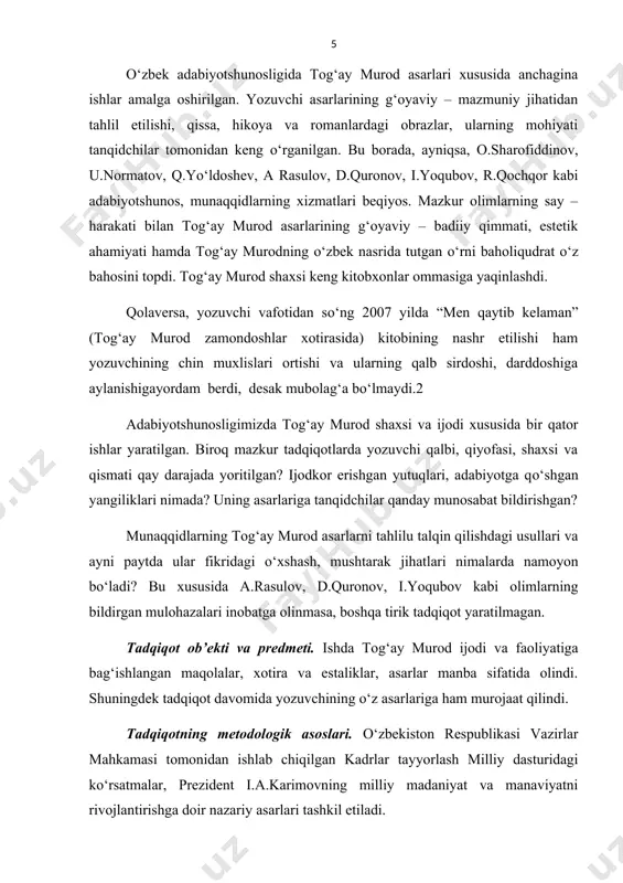 ilish asosiy maqsadimiz. shu maqsaddan kelib chiqqan holda ishda qu’yidagi vazifalarni hal qilish ko’zda tutilgan: · psixologizm muammosi va uning o’rganilishi. · tog’ay murodning nasrdagi o’ziga xos uslubi. · “otamdan qolgan dalalar” romanida milliylik va milliy ruh. · tog’ay murod qissalaridagi mungli qo’shiq va ruhiyat tahlili. · “yulduzlar mangu yonadi” qissasida xarakter va she’riyat uyg’unligi. bitiruv malakaviy ishning ilmiy yangiligi. adabiyot ilmida psixologizm muammosi munozarali masalalardan. ana shu muammoni tog’ay murod asarlari bilan uyg’un holda tadqiq etish ishning yangiligini belgilaydi. bitiruv malakaviy ishning tarkibi. ish kirish, 2bob, xulosa va foydalanilgan adabiyotlar ro’yxatidan iborat. i.bob. psixologizm muammosi va uning o’rganilishi o’zbek adabiyotshunosligi va adabiy tanqidida “psixologizm” va “psixologik tahlil” terminlari farqlanmay ishlatiladi. bundan tashqari, yuqoridagi terminlarning o’zbekcha variantlari ham ko’p bo’lib, ularning hammasi ham bir xil ma’noda qo’llaniladi. masalan, “adabiyot nazariyasida” “psixologizm” “ichki dunyo tasviri”, “psixologik analiz”, “psixoanaliz”; m.abdurahmonovaning broshyurasida – “ruhiy dunyo tasviri”, “ruhiy tahlil”, “psixologik tasvir”; n.shodiyevning “ruhiyat rassomi” …