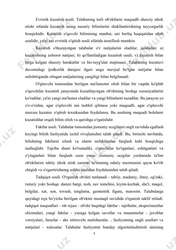 hilar uchun - "algoritm", "miqdor", "molekula" va boshqalar. bolalarning tushunchasi haqidagi g'oyalarini taqqoslash va muhokama qilish orqali o'qituvchi ularni ba'zi madaniy shakllarga (darsliklarda bo'lganlarga emas!) to'ldirishga yordam beradi. bunday ishning natijasi jamoaviy ijodiy mahsulot - kontseptsiyaning birgalikda ishlab chiqilgan ta'rifi, u doskada yoziladi, shu bilan birga o'qituvchi bolalarni kontseptsiyaning boshqa formulalari bilan tanishtirishga taklif qiladi. masalan, turli darsliklar yoki boshqa kitoblar mualliflari tomonidan o'quvchilarning daftarlarida turli formulalar saqlanib qoladi. o'rganilayotgan kontseptsiyaga nisbatan ularning shaxsiy o'zini o'zi belgilash sharti sifatida. ijodiy ta'lim usullari zamonaviy g'oyalarga ko'ra, bolalarda ijodiy qobiliyatlarni rivojlantirish ta'limning asosiy maqsadlaridan biridir. ixtiro usuli - o'quvchilarning ma'lum aqliy harakatlari natijasida ilgari noma'lum bo'lgan mahsulotni yaratish usuli. usul quyidagi texnikalar yordamida amalga oshiriladi: a) yangi ob'ektni yaratish uchun bir ob'ektning sifatini boshqasining sifati bilan almashtirish; b) ob'ektning boshqa muhitdagi xususiyatlarini topish; v) o'rganilayotgan ob'ektning elementini o'zgartirish va yangi, o'zgartirilgan ob'ektning xususiyatlarini tavsiflash. "agar ..." usuli. talabalarga dunyoda biror narsa o'zgarsa …