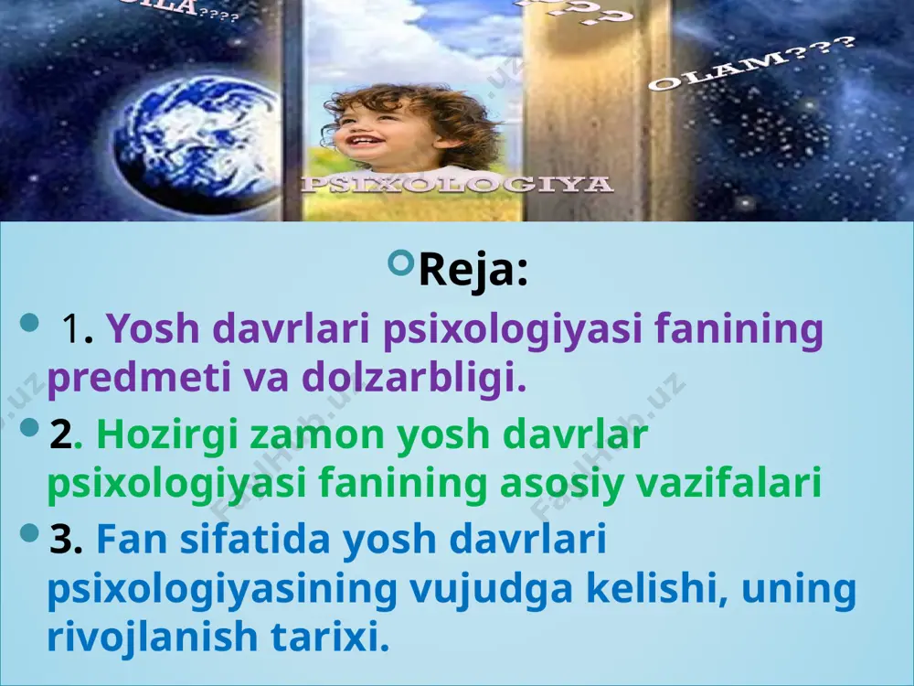 i, istiqbol rejasi va ezgu maqsadi bilan yashashi ham yosh xususiyatlarini hisobga olgan holda muloqotda bo’lishning mevasidir. umuman ijtimoiy hayotning barcha jabhalarida oila, tarbiya muassasalari, ishlab chiqarish korxonasi va jamoat tashkilotlarida ontogenez psixologiyasidan foydalanish ta’lim va tarbiyaning, shaxslararo ijobiy munosabatlar o’rnatishning, ishlab chiqarish samaradorligini oshirishning garovidir. yosh davrlari psixologiyasining asosiy vazifalari ontogenez psixologiyasining asosiy vazifasi shaxsning kamol topishi qonuniyatlari va turli yosh davridagi odamlarda vujudga keladigan psixik faoliyat, holat va shart-sharoitlarning o’zaro ta’siri xususiyatlarini aniqlashdan iboratdir. ontogenez psixologiyasi ana shu vazifani hal etish bilan amaliy maqsadlarni ro’yobga chiqaradi: ta’lim-tarbiya ishlarini takomillashtirishga yordam beradi, shaxslararo muloqotni to’g’ri yo’naltirishga, jamoada ijobiy psixologik muhit yaratishga, uzoq umr ko’rish sirlarini ochishga, oilaviy munosabatlarni mustahkamlashga, ajralishlarning oldini olishga xizmat qiladi. modomiki shunday ekan, kamolotning turli davrlarini insonning yosh va jinsiy xususiyatlarini hisobga olmay turib, yuqoridagi vazifalarni hal qilib bo’lmaydi. xulosa qilib aytganda ontogenez psixologiyasi — inson psixikasining rivojlanish qonuniyatlari va xususiyatlari hamda shu taraqqiyotning bosqichlari …