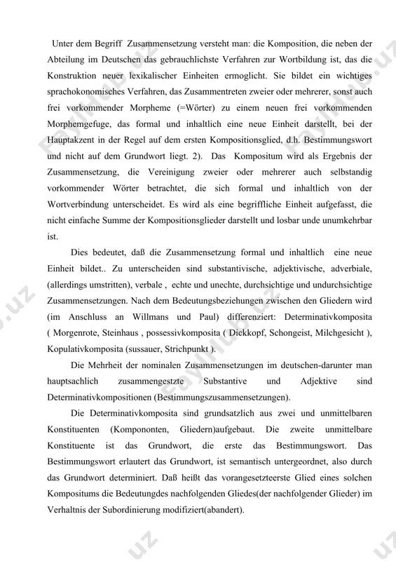 ente ist das grundwort, die erste das bestimmungswort. das bestimmungswort erlautert das grundwort, ist semantisch untergeordnet, also durch das grundwort determiniert. daß heißt das vorangesetzteerste glied eines solchen kompositums die bedeutungdes nachfolgenden gliedes(der nachfolgender glieder) im verhaltnis der subordinierung modifiziert(abandert). kopfschmerz, schulterschmerz, herzschmerz….-schmerz ist das grundwort. sein genus ist das wortbildungkonstruktion. die bestimmungswörter kopf, schulter und herz legen ihr genus fest. jede der beiden unmittelbaren konstituenten kann wiederum mehrgliedrig sein. auch wenn eine solche zusammensetzung als zwei wörtern besteht- man nennt solche bildungen dekomposita- ist doch eine zweigliedrigkeit erkennbar, sind zwei unmittelbare konstituenten zu ermitteln: universitathauptgebaude, erdolverarbeitunswerk. die einzelnen konstituentenkönnen wiederum für sich noch zu uberschauen bildungen einstehend. sie kommen in technischen und publisistischen textenbesonders häufig vor:ultrakurzwellenuberreichweitenfernseherichtfunkverbindung. aber in publisistischen texten werden sprachokonomische, leichtuberschuabare komposita bevor zugt: beispiel: eine computergesteuerte sauglingsgruppe soll in amerikanischen schulen weibliche teenager auf die anstrengende babypflege vorbereiten und sie von einem allzu fruhen kinderwunsch abhalten. …