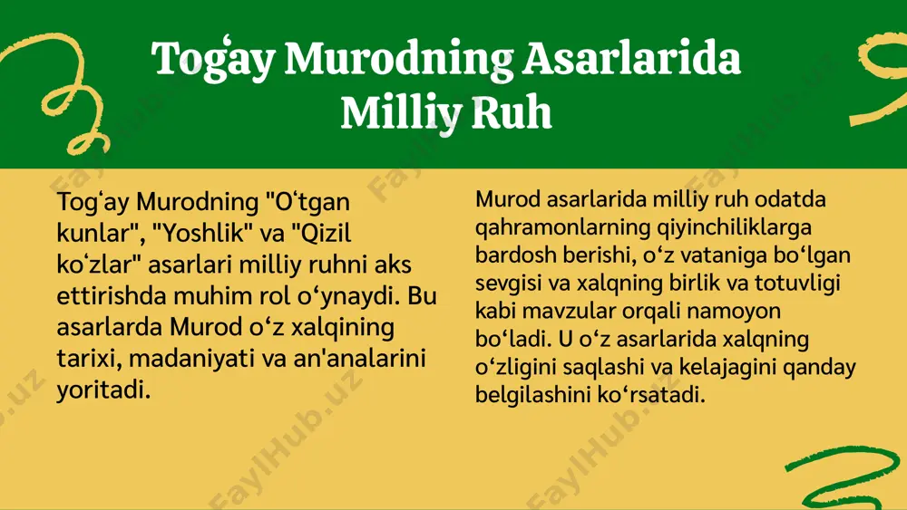hurmat qilishga undovchi tadbirlar tashkil etilishi kerak. muvaffaqiyatli yoshlar, masalan, sport, san'at yoki ilm-fan sohalarida o'z yutuqlari bilan milliy ruhni ifoda etadilar. ular, shuningdek, milliy qadriyatlarni saqlash va rivojlantirishda muhim rol o'ynaydilar. yoshlar, kelajak avlodning milliy ruhini saqlab qolish uchun mas'uliyatli bo'lishi kerak. xulosa togʻay murod asarlarida milliy ruhni ifodalash muhim ahamiyatga ega. uning asarlarida an'anaviy qadriyatlar va madaniy meros bilan zamonaviylik o'rtasida muvozanatni saqlash ko'rinadi. murodning qahramonlari orqali milliy ruhni tarbiyalash va yosh avlodga bu qadriyatlarni yetkazish jarayoni ifodalanadi. murodning asarlari jamiyatimizning tarixi va madaniyatini aks ettiradi hamda o'zbek xalqining ma'naviy merosini saqlashda muhim rol o'ynaydi. foydalanilgan adabiyotlar 1. togʻay murod. milliy ruh va an'ana. oʻzbekiston milliy universiteti, 2021 2. abdullaeva, d. asarlarida milliy qadriyatlar: togʻay murod misoli. oʻzbekiston respublikasi fanlar akademiyasi, 2020 3. yusupov, m. zamonaviy o'zbek adabiyotida milliy ruh. o'zbekiston yozuvchilar uyushmasi, 2022 4. karimova, s. milliy ruh va yoshlar: zamonaviy kontekstda. o'zbekiston respublikasi ta'lim vazirligi, 2023 …