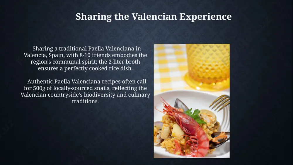 of bomba rice is crucial for paella valenciana's characteristic texture; other rice types, like long-grain, would result in a mushy consistency unsuitable for this iconic dish. paella valenciana: a celebration of flavors preparation of paella valenciana involves sautéing 4 cloves of minced garlic with bell peppers before adding the saffron threads and smoked paprika for authentic valencian flavor. the 15-18 minute simmering time for paella valenciana is critical; it allows the bomba rice to absorb the 2 liters of chicken broth, creating a socarrat (slightly crispy bottom) in a proper paella pan. step-by-step cooking instructions step 7 instructs to simmer the paella for 15-18 minutes on low heat in the pan, crucial for achieving the characteristic "al dente" texture of the bomba rice, a key ingredient in authentic valencian paella. step 2 emphasizes sautéing onions and bell peppers for approximately 5 minutes in the paella pan before adding 4 minced …
