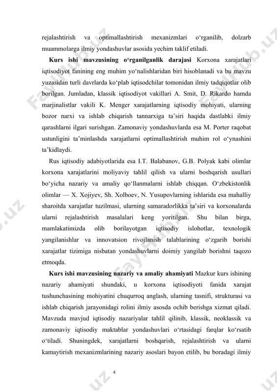 yaviy natijalarning yaxshilanishiga olib keladi. bundan tashqari, kurs ishi natijalari amaliyotchi iqtisodchilarga, menejerlarga va biznes strateglarini ishlab chiquvchilarga foydali bo‘lishi mumkin. ushbu ishning tavsiyalari ishlab chiqarish jarayonida tejamkorlik yondashuvlarini joriy etishda amaliy asos bo‘lib xizmat qilishi mumkin. kurs ishi mavzusining obyekti – o‘zbekiston hududida faoliyat yuritayotgan real sektor korxonalarining ishlab chiqarish va moliyaviy faoliyatida yuzaga keladigan xarajatlar tizimi hisoblanadi. kurs ishi mavzusining predmeti – korxona xarajatlarining tarkibi, turlari, ularning ishlab chiqarish jarayonidagi o‘rni, boshqarish usullari va tahliliy mexanizmlaridir. kurs ishi mavzusining maqsadi – korxona xarajatlarining iqtisodiy mohiyatini ochib berish, ularning tasnifi, tuzilmasi va ishlab chiqarish jarayonidagi o‘rnini aniqlash, shuningdek, xarajatlarni kamaytirish bo‘yicha taklif va tavsiyalar ishlab chiqishdan iborat. kurs ishi mavzusining vazifalari · korxona xarajatlarining mohiyatini nazariy jihatdan tahlil qilish; · xarajatlarning turlari va ularni tasniflash mezonlarini o‘rganish; · xarajatlarning tarkibiy tuzilmasini tahlil qilish; · xarajatlarni rejalashtirish va nazorat qilish usullarini ko‘rsatish; · xarajatlarni kamaytirish imkoniyatlarini baholash; · o‘zbekiston korxonalarida …