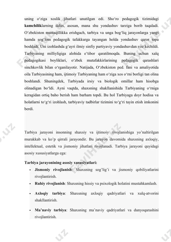 y yoʻnalishga solinishi mumkin boʻlgan qiyofasiz to’da, olomon tarzida qarash qaror topdi, bu hol tarbiyaning samarasizligiga olib keldi. chunki tarbiyaning asosiy obʼyekti boʻlmish shaxs va uning oʻziga xoslik jihatlari unutilgan edi. shoʻro pedagogik tizimidagi kamchiliklarning ildizi, asosan, mana shu yondashuv tarziga borib taqaladi. oʻzbekiston mustaqillikka erishgach, tarbiya va unga bogʻliq jarayonlarga yangi hamda sogʻlom pedagogik tafakkurga tayangan holda yondashuv qaror topa boshladi. uni izohlashda gʻayri ilmiy sinfiy partiyaviy yondashuvdan voz kechildi. tarbiyaning milliyligiga alohida eʼtibor qaratilmoqda. buning uchun xalq pedagogikasi boyliklari, oʻzbek mutafakkirlarining pedagogik qarashlari sinchkovlik bilan oʻrganilayotir. natijada, oʻzbekiston ped. fani va amaliyotida oila tarbiyasining ham, ijtimoiy tarbiyaning ham oʻziga xos oʻrni borligi tan olina boshlandi. shuningdek, tarbiyada irsiy va biologik omillar ham hisobga olinadigan boʻldi. ayni vaqtda, shaxsning shakllanishida tarbiyaning oʻrniga keragidan ortiq baho berish ham barham topdi. bu hol tarbiyaga doyr hodisa va holatlarni toʻgʻri izohlash, tarbiyaviy tadbirlar tizimini toʻgʻri tayin etish imkonini berdi. tarbiya jarayoni insonning …