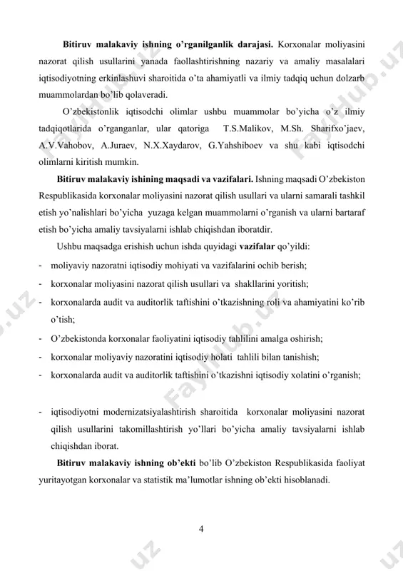 marali tashkil qilish natijalari, moliyaviy nazorat samaradorligi nazorat tizimini rivojlantirish imkonini beradi. bitiruv malakaviy ishining nazariy va uslubiy asoslari. ishning nazariy manbasi sifatida o’zbekiston respublikasi prezidenti i.a.karimovning halqaro miqiyosda yuqori baholanayotgan va ijobiy natijalarini mamlakatning taroqqiyoti tajribasi tasdiqlanayotgan tanlangan asarlari to’plamiga kiritilgan kitoblaridan, ko’plab maqola va chiqishlarida bozor iqtisodiyotiga o’tish borasidagi vazifalari haqidagi asarlari asos qilib odingan. ishning hajmi. bitiruv malakaviy ishda kirish, uch bob, xulosa, adabiyotlar ro’yxatidan iboratdir. shuningdek ishda rasm va jadvallar mujassamlashgan. i bob. korxonalar moliyasini nazorat qilish usullari va iqtisodiy ahamiyati va ularni nazariy asoslari 1.1. moliyaviy nazoratni iqtisodiy mohiyati va vazifalari moliyaviy nazorat bozor munosobatlarning chuqurlashtirish sharoitida iqtisodiyotning erkinlashtirish tizimining etakchi zarur elementi sifatida shakllanib, rivojlanib boradi. moliyaviy nazorat mamlakatimizda mavjud milliy boyligimizni va yaratilgan moddiy ne’matlarimizni hamda aholining manfaatlarini himoya qilishga yo’naltirilgandir. davlatning moliyani boshqarish borasidagi faoliyati ko’p qirrali, turli-tuman moliyaviy munosabatlarni tashkil qilishdan iborat bo’lib, ular moliya nazorati orqali amalga oshiriladi. davlat moliyaviy …