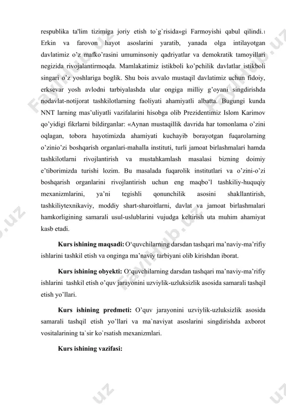 an iborat. kurs ishining obyekti: o‘quvchilarning darsdan tashqari ma’naviy-ma’rifiy ishlarini tashkil etish o’quv jarayonini uzviylik-uzluksizlik asosida samarali tashqil etish yo’llari. kurs ishining predmeti: o’quv jarayonini uzviylik-uzluksizlik asosida samarali tashqil etish yo’llari va ma`naviyat asoslarini singdirishda axborot vositalarining ta`sir ko`rsatish mexanizmlari. kurs ishining vazifasi: 1.o’quvchilar qalbi va ongiga ―milliy g’oya va ma’naviyat asoslari‖ni singdirish usul va vositalari. 2. ―milliy g’oya va mafkurani o’quvchilar ongiga singdirishga o’quv jarayonini uzviylik-uzluksizlik asosida samarali tashqil etish yo’llari. 3. yoshlar qalbiga milliy g`oya va ma`naviyat asoslarini singdirishda axborot vositalarining ta`sir ko`rsatish mexanizmlari. 4. yoshlarni g`oyaviy tarbiyalash vositalari. kurs ishining metadalagik asos: o’zbekiston respublikasi konistitutsiyasi ta’lim to’g’risidagi qonun vazirlar maxkamasining mavzuga tegishli bo’lgan farmon farmoish qarorlari.mavzuni yorituvchi ilmiy adabiyotlar va ilmiy maqolalar internet ma’lumotlari. kurs ishining tuzilishi: kirish, asosiy qism, 4 ta bo’lim, xulosa va faoydalanilgan adabiyotlar 25 sahifadan iborat. 1. o’quvchilar qalbi va ongiga “milliy g‟oya va ma‟naviyat asoslari”ni singdirish usul va vositalari. o’quvchilar qalbi va …