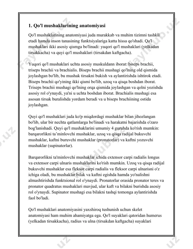 smida joylashgan bo'lib, uning asosiy vazifasi tizzani ekstensiya qilishdir. bu mushaklar ko'pincha yugurish va sakrashda ishlatiladi. masalan, oddiy yurish jarayonida quadriceps mushaklari har bir qadamda faol ishtirok etadi. ushbu mushaklar sonning yuqori qismida joylashganida, rivojlanishi tizzalar uchun qo'shimcha barqarorlikni ta'minlaydi. hamstrings mushaklari sonning orqa qismida joylashib, tizzani bukishda hamda sonni kengaytirishda yordam beradi. ushbu mushaklar kuchli va elastik bo'lib, yugurish, sakrash va turli jismoniy mashqlar davomida qo'llaniladi. masalan, sprinter yuguruvchilar ko'pincha hamstrings mushaklarini rivojlantiradi, chunki ular oyoqlarni maksimal tezlikda harakatlantirishda muhim ahamiyatga ega. gluteal mushaklar ko'klik joylashishda va to'g'ri turish uchun zarurdir. bu mushaklar, ayniqsa, cho'qqiga chiqishda yoki pog'ona ko'tarilganda faol ishtirok etadi. gluteal mushaklarning kuchi va chidamliligi ko'pincha kuchliroq va bardoshliroq bo'lish ishtiyoqida bo'lgan sportchilar uchun muhim ahamiyat kasb etadi. boldir mushaklari orasida eng muhimlari m. gastrocnemius va m. soleus dir. bu mushaklar oyoq panjarasini oyoq to‘pig‘i orqali ko'tarishda asosiy rol o‘ynaydi. yurish, yugurish va sakrashda boldir mushaklari pastdan …