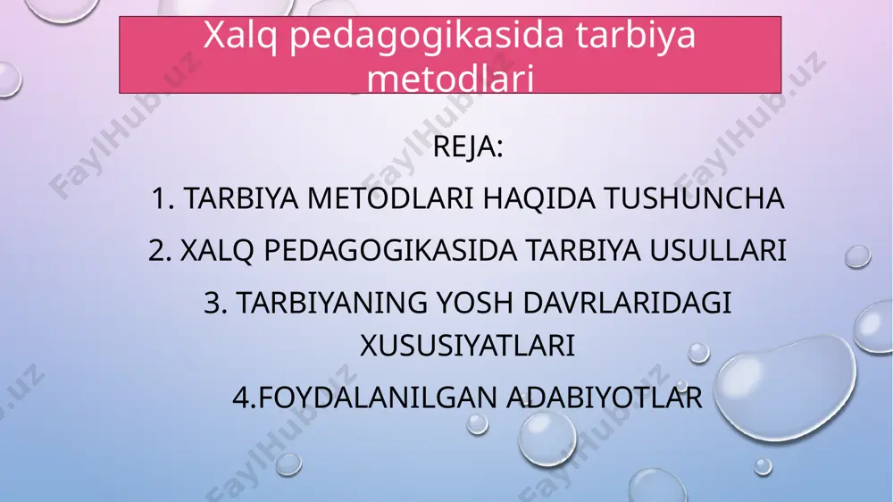 tizimi sifatida aniqlanadi. metodning ijobiy va salbiysi bo‘lmaydi, tarbiya jarayonida ma’lum yo‘lni yuqori darajadagi samarali va samarasiz deya baholash mumkin emas. metodning samaradorligini u qo‘llanilayotgan sharoit nuqtai nazaridan baholash mumkin. tarbiya metodlarini maqsadga muvofiq tanlash bir qator omillarga bog‘liq. maqsad nafaqat metodlarni oqlaydi, balki ularni aniqlabberadi. maqsad qanday bo‘lsa, unga erishish metodlari unga muvofiq bo‘lishi zarur. unutmaslik kerakki, aynan bitta vazifa turli xil fikrlar bilan to‘ldirilgan bo‘lishi mumkin. shuning uchun metodlarni umuman mazmun bilan emas, balki aniq fikr bilan bog‘lash g‘oyat muhimdir. 3. tarbiyalanuvchilarning yosh xususiyatlarini hisobga olish. u yoki shunga o‘xshash vazifalar tarbiyalanuvchilarning yoshi bilan bog‘liqlikda hal qilinadi. yosh bu oddiygina qancha yashaganligi son ko‘rsatkichi emas. unda egallangan ijtimoiy tajriba, psixologik va ahloqiy sifatlarning rivojlanganlik darajasi o‘z aksini topadi. mas’uliyat tuyg‘usini boshlang‘ich ta’lim, o‘rta ta’lim va o‘rta maxsus, kasb-hunar ta’limi muassasalarida ta’lim olayotgan o‘quvchilarda ham shakllantirish mumkin. biroq har bir bosqichda mazkur sifatni shakllantirish borasida turli metodlar qo‘llaniladi. tarbiya …