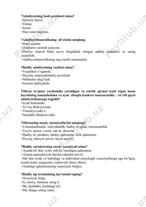 ta’rifi qaysi adabiyotshunosga tegishli? =izzat sultonniki. =to‘xta boboyevniki. =timofeyevniki l. =nuriddin shukurovniki. ?obrazning asosiy xususiyatlarini aniqlang? =umumlashmalik, individuallik, badiiy to‘qima, emotsionallik. =tasvir, nusxa, vosita, san’at, shaxslar. =badiiy til, predmet, adabiy qahramon, lirik qahramon. =peyzaj, interyer tasviri, hayot tasviri. ?badiiy xarakterning asosiy xususiyati nima? =asarda bir ikki «yilt» etib ko’rinadigan qahramon. =asarda qatnashuvchi barcha odamlar tasviri. =ma’lum iroda yo’nalishiga va individual psixologik xususiyatlariga ega bo’lgan, asarda katta «nagruzka» tashuvchi shaxs obrazi. =asardagi qahramonning xususiyati, belgisi. ?badiiy tip terminining ma’nosini toping? =xususiyat, belgi. =iz, nusxa, namuna, tamg‘a. =ilk, dastlabki, boshlang’ich. =ma’shuqa, oshiq, ramz. ?adabiyotshunoslikning qaysi tarkibiy qismi adabiy jarayonda darhol aralashidan soha, badiiy ijod jarayoniga ilk dafa kirib boradigan qism sanaladi? =adabiyot metodologiyasi. =adabiyot tarixi. =adabiy tanqid. =adabiy manbashunoslik. ?ijodiy metod taqqozosiga ko‘ra obraz turlari berilgan qatorni toping? =modernistik va romantik obrazlar. =postmodernistik va realistik obrazlar. =romantik va realistik obrazlar. =sentamentalizm va romantik obrazlar. ?kompozitsion vositalarni hosil qiluvchi badiiy vositalar nimalar? =voqealar, …