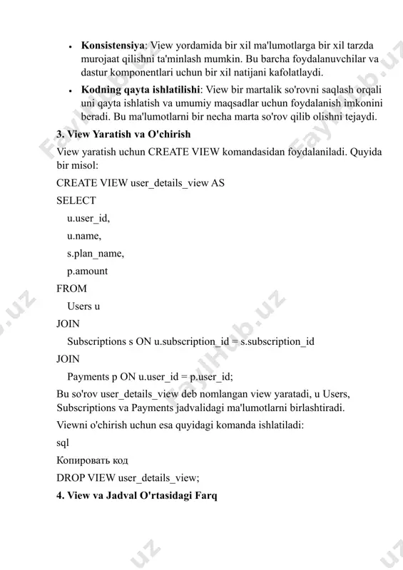 'lmaydi. • view yaratish yoki o'zgartirishda, ayniqsa, katta ma'lumotlar bilan ishlaganda, uning ishlash tezligi tizimning samaradorligiga ta'sir qilishi mumkin. 7. performance (samaradorlik) viewlar ma'lumotlarni qayta ishlatishda samarali bo'lishi mumkin, ammo murakkab view'lar ba'zan ishlashni sekinlashtirishi mumkin. bu, ayniqsa, katta hajmdagi ma'lumotlar bilan ishlaganda yuzaga kelishi mumkin. view'lar sql so'rovlariga o'xshash ishlaydi, shuning uchun har safar viewga murojaat qilinganda, uning asosidagi so'rov bajariladi. 8. view va materialized view • materialized view: bu ko'rinishning o'ziga xos turi bo'lib, u natijalarni haqiqatan ham saqlaydi. view o'zgarishlarni yangilashda tizimdan ko'proq resurs talab qilishi mumkin, ammo materialized view natijalarni saqlaydi va faqat kerak bo'lganda yangilanadi. 1: barcha userlarning malumotini chiqaruvchi view; 2.userga tegishli paymentslarni kursatuvchi view xulosa: view'lar ma'lumotlar bazasida ma'lumotlarni soddalashtirish va xavfsizligini oshirish uchun juda qulay vosita. ular foydalanuvchilarga murakkab so'rovlarni osonlashtirish va ma'lumotlar bilan ishlashni samarali qilish imkoniyatini beradi. biroq, view'larni yaratishda uning samaradorligini va tizimga yukini ham hisobga olish zarur. foydalanilgan …