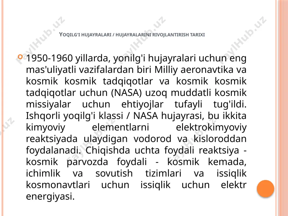 atish yuqori haroratlarda (650 ° c) yoqilg'i hujayralarining ishlashi uchun. samaradorlik 60-80% ichida o'zgaradi. fosfor kislotasi (fte) asosida yoqilg'i hujayralari / hujayralar fosforik (ortofosliza) ga asoslangan yonilg'i hujayralari tijorat maqsadlarida birinchi yoqilg'i elementlariga aylandi. fosforik (ortoffosnoxormat kislotasi asosida yonilg'i hujayralari ortiqolitdan (h 3 po 4) 100% kontsentratsiyasi bilan ortofoslavik kislotaga (h 3 po 4) ishlatadi. ortofosforali kislotaning ion o'tkazuvchanligi past haroratlarda pastda, shuning uchun bu yoqilg'i hujayralari 150-220 ° c gacha haroratda ishlatiladi. ushbu turdagi yuk tashuvchisida bu turdagi yonilg'i elementlaridagi yuk tashuvchi (h +, proton). shunga o'xshash jarayon yoqilg'i hujayralarida proton birjasi bilan yuz beradi, unda vodorod anodga etkazib beriladi, proton va elektronlarga bo'linadi. protonlar elektrolitdan o'tishadi va suvni shakllantirish bilan katodda havodan olingan havodan olingan kislorod bilan birlashadi. elektron elektr tokasi bo'ylab elektron pochta orqali yuboriladi, elektr toki hosil bo'ladi. quyida reaktsiyalar mavjud, natijada elektr toki va issiqlik paydo bo'ladi. e’tiboringiz uchun raxmat image2.jpeg image3.jpeg image4.jpeg image5.jpeg image6.jpeg …