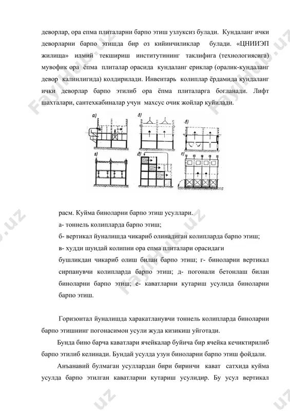 ан харажатлар 15-25% гача кам булади. шунга карамай, бу усулнинг курилишда кенг микесда кулланилишига катор факторлар тускинлик килади. бундай факторлардан: · киш даврида бетонлаш ишларининг жуда кимматлашиб кетиши; · юкори малакали ишчиларга талабнинг катталиги; · вертикал сирпанувчи колиплар системасига доимий, узлуксиз караш (уход) лозимлиги; · танаффуслардан сунг бетонлаш ишларини технологик нуктаи назардан давом эттиришнинг кийинлиги; · хосил буладиган нуксонларни тузатиш учун катта харажатлар талаб килиниши; бундай камчиликлар хар хил технологик ендошувлар, бетонга кушимчалар кушиш билан хал килиниши мумкин.котишни секинлаштирувчи кушимчалар бетон котишининг бошланишини 28 соатгача суриш мумкин. харорат, намлик шароитларидан ва бетоннинг мустахкамликка эришиш суръатларидан келиб чикиб, колипнинг харакат тезлиги ва бетонлаш суръатлари кабул килинади. сб- 161 еки сб- 165 русумли бетон насосларлардан фойдаланилади. ишни олиб бориш жараенида колиплаш, арматуралаш ва бетонлаш ишлари сифати назорат килиб борилади. бетоннинг бир хиллиги (зичлигининг бутун тана буйича бир хил булиши) ультратовуш асбобида,ёриклар ва говакларнинг мавжудлиги ташки кузатиш билан текширилади. турар жой биноларини вертикал …