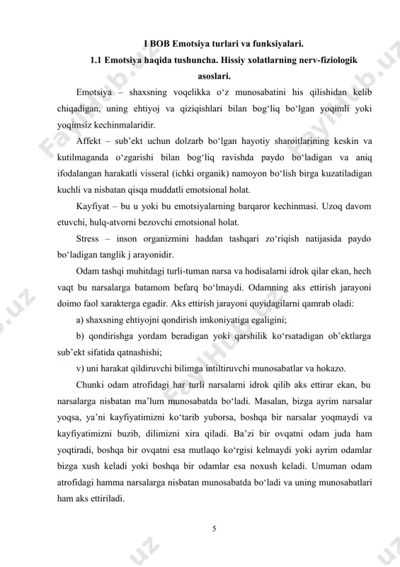 g‘liq bo‘lgan hissiyotlar odamda rohatlanish, qanoatlanish tuyg‘usini yuzaga keltiradi. organik hissiyotlarni qondira olmaslik odamning ruhini tushirib, kayfiyatini buzib, azoblanish, toqatsizlanish hissiga sabab bo‘ladi. hissiyot odamda sodir bo‘layotgan hodisa va narsalardan shaxs sifatidagi odam uchun ahamiyatli bo‘lganlari haqida darak beruvchi signallar tizimi hisoblanadi. mazkur holda sezgi a’zolariga ta’sir qiluvchi cheksiz miqdordagi qo‘zg‘ovchilardan aniq bo‘lib ajraladi, ba’zilari bir-birlari bilan qo‘shilib ketadi va paydo bo‘lgan hissiyot bilan birlashib ketadi. natijada ta’ssurot uyg‘otib, biror hissiy nom bilan ifodalangan xotira obrazlari tariqasida saqlanib qoladi. buni fiziologik jihatdan shunday tushuntirish mumkin: ma’lum qo‘zg‘atuvchilar tirik mavjudotlar uchun xotirjamlik haqida darak beruvchiga aylanadi. hissiy 6 kechinmalar esa insonning shaxsiy tajribasida tarkib topadigan reflekslar tizimini mustahkamlash sifatida namoyon bo‘ladi. hissiyotning mana shu darak beruvchilik vazifasi psixologiyada hissiyotning impressiv tomoni deb ataladi. hissiyot boshqa hamma psixik jarayonlar kabi bosh miya po‘sti qismining faoliyati bilan bog‘liqdir. bosh miya hissiyotlarning kuchini va barqarorligini idora qilib turadi. hissiyotlar boshqa bilish jarayonlaridan farqli bosh …