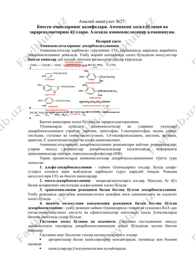 biogen aminlar va ularning vazifalari — DOCX