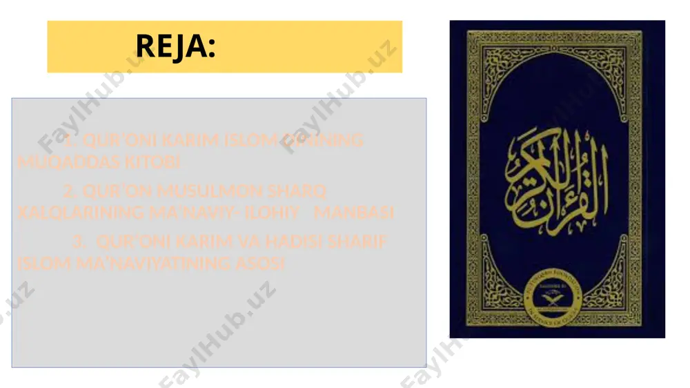si esa makka, kufa, basra, damashqqa yuborilgan. qur’onning “usmon to‘plami” muqaddas kitob sifatida rasmiy tan olingan. qur’on 114 suradan iborat. hozirda qurr’onning asl nusxasi deb tan olingan “usmon to‘plami”ning to‘rttala nusxasi ham mavjud. ularning biri toshkentda saqlanmoqda . manbalarda amir temur iroqni bosib olgach , kitobni kufadan o‘z poytaxti samarqandga olib kelgan deyiladi. “usmon to‘plami”ning nushalari hozirda ushbu shaharlarda saqlanmoqda. qohira makka madina toshkent amir temur tarafidan olib kelingan nusxa samarqanddagi xo‘ja ahror masjidida bir necha yuz yil saqlangan. o’rta osiyoni istilo qilgan chorizm amaldorlari 1869 yilda uni peterburgga yuborganlar nihoyat 1923 yilda bu kitob toshkentga qaytarilgan. 1989 yil 14 mart kuni, ya’ni toshkentda bo‘lib o‘tgan o’rta osiyo va qozog’iston musulmonlari iv- qurultoyida o’zbekiston hukumatining qarori bilan bu kitob musulmonlar ixtiyoriga qaytarib berildi. hozirgi paytda ushbu kitob o’zbekistonda muyi-muborak madrasida saqlanmoqda. qur’on 114 suradan iborat. suralar makka suralari va madina suralaruga ajratiladi. madina suralari ( 622-632 yillar, 28 sura ) …