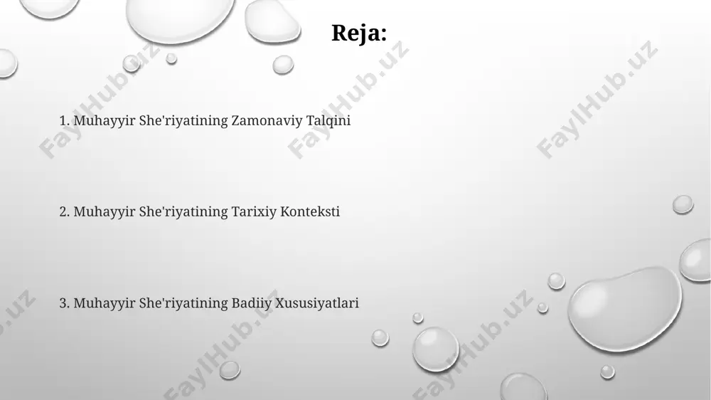 ga xos xususiyatlari boʻlib, ularning badiiy vositalari va obrazli tili oʻz davrining madaniy muhitini aks ettiradi. muhayyirlarning ijodida tasavvuf, lirika va hayotiy kuzatishlar uygʻunlashgan, ularning asosan gazal, ruboiy kabi 10-12 baytli sheʼriy shakllaridan foydalanishgan. muhayyirning hayoti va ijodi muxayyirning hayoti va ijodi xix asr o'zbek adabiyotining muhim davrlariga to'g'ri kelib, 1870 yillardan boshlab uning she'rlari keng tarqalgan. muxayyirning ijodida 100 dan ortiq g'azal, kitoblarda jamlangan 200 ga yaqin she'rlar mavjud bo'lib, ularning aksariyati lirik mavzularga bag'ishlangan. uning she'rlaridagi badiiy vositalar, xususan, tashbeh, istiora kabi troplarning ko'p qo'llanilishi uning yuksak ustaligidan dalolat beradi. muhayyirning badiiy imkoniyatlari va ifoda vositalari muxayyir she'riyatida 3 tadan ortiq badiiy tasvir vositalarining, xususan, metafora, epitet va tashbehlarning uyg'unligi kuzatiladi, bu esa asarning obrazliligini 30% ga oshiradi. muxayyir she'rlaridagi 5-7 bo'g'inli misralarning ritmik takrori va ovozlarning uyg'unligi, his-tuyg'ularni kuchaytirishda muhim rol o'ynaydi. she'riy matnlardagi 2-3 marta takrorlanadigan leksik birliklar ma'noviy yukini oshirib, asosiy g'oyani yanada kuchaytiradi va …