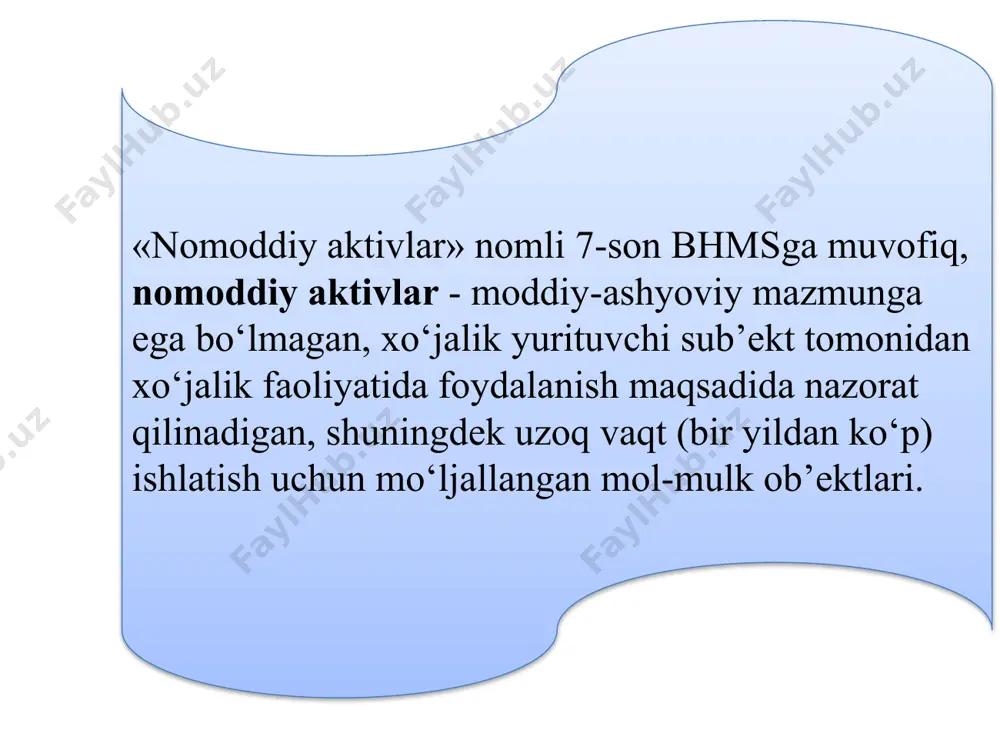 linishi 0410-0490 4610 4 tekinga olingan nomoddiy aktivlarning kirim qilinishi 0410-0490 8530 5 korxonani sotib olishda aktivlarning haqiqiy bahosi va sotib olish bahosi o’rtasidagi farq sifatida vujudga keladigan gudvill (firma bahosi)ni aks ettirish 0480 8330 nomoddiy aktivlarni kirimi bo’yicha ayrim buxgalteriya uzatmalari: t/r xo’jalik muomalalarining mazmuni schyotlarning bog’lanishi dt kr 1 nomoddiy aktivlarning boshlang’ich qiymati bo’yicha sotilishi, hisobdan chiqarilishi, xarid qilingan qimmatli qog’ozlar haqining to’lovi uchun berilishi, boshqa korxonalarning ustav kapitaliga ulush sifatida, shuningdek tekinga berilganda va boshqalar natijasida chiqib ketishi 9220 0410-0490 nomoddiy aktivlarni chqimi bo’yicha buxgalteriya uzatmalari nomoddiy aktivlarga eskirish hisoblashda «nomoddiy aktivlar» nomli 7-son bhmsga hamda o‘zbekiston respublikasining soliq kodeksiga amal qilish lozim nomoddiy aktivlarga amartizatsiya hisoblash usullaru to‘g‘ri chiziqli usul nomoddiy aktivni foydali ishlatishning butun davri mobaynida eskirishning doimiy summalarini hisoblab yozishdan iborat kamayib boruvchi qoldiq usuli bo‘yicha muntazam hisoblab yozilayotgan summalar foydali ishlatish muddati davomida kamayadi bajarilgan ishlar hajmiga mutanosib ravishda hisoblab yozish usuliga binoan …
