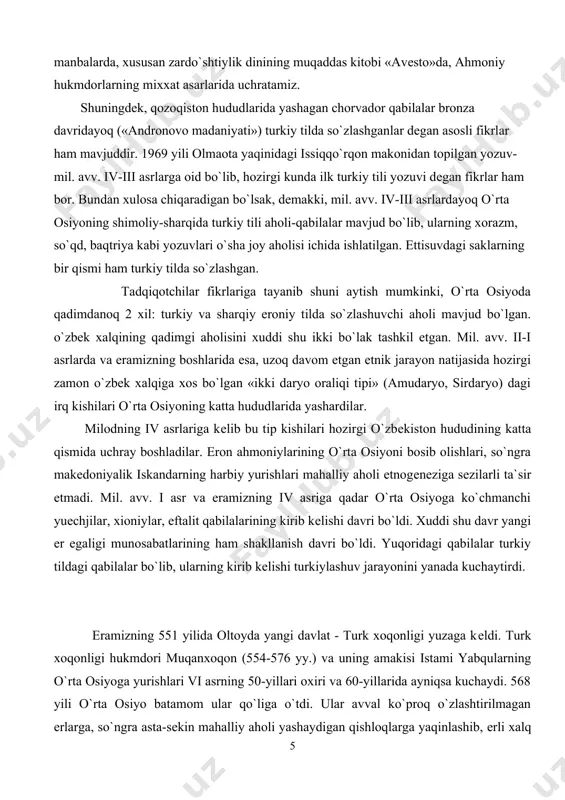 b shuni aytish mumkinki, o`rta osiyoda qadimdanoq 2 xil: turkiy va sharqiy eroniy tilda so`zlashuvchi aholi mavjud bo`lgan. o`zbеk xalqining qadimgi aholisini xuddi shu ikki bo`lak tashkil etgan. mil. avv. ii-i asrlarda va eramizning boshlarida esa, uzoq davom etgan etnik jarayon natijasida hozirgi zamon o`zbеk xalqiga xos bo`lgan «ikki daryo oraliqi tipi» (amudaryo, sirdaryo) dagi irq kishilari o`rta osiyoning katta hududlarida yashardilar. milodning iv asrlariga kеlib bu tip kishilari hozirgi o`zbеkiston hududining katta qismida uchray boshladilar. eron ahmoniylarining o`rta osiyoni bosib olishlari, so`ngra makеdoniyalik iskandarning harbiy yurishlari mahalliy aholi etnogеnеziga sеzilarli ta`sir etmadi. mil. avv. i asr va eramizning iv asriga qadar o`rta osiyoga ko`chmanchi yuеchjilar, xioniylar, eftalit qabilalarining kirib kеlishi davri bo`ldi. xuddi shu davr yangi еr egaligi munosabatlarining ham shakllanish davri bo`ldi. yuqoridagi qabilalar turkiy tildagi qabilalar bo`lib, ularning kirib kеlishi turkiylashuv jarayonini yanada kuchaytirdi. eramizning 551 yilida oltoyda yangi davlat - turk xoqonligi yuzaga kеldi. turk xoqonligi …